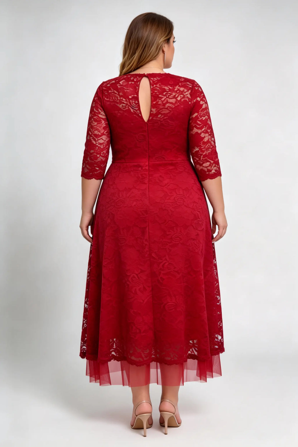 Plus Size Red Lace Boat Neck 3/4 Sleeve A-line Midi Dress - Elegant Formal Evening Cocktail Dress