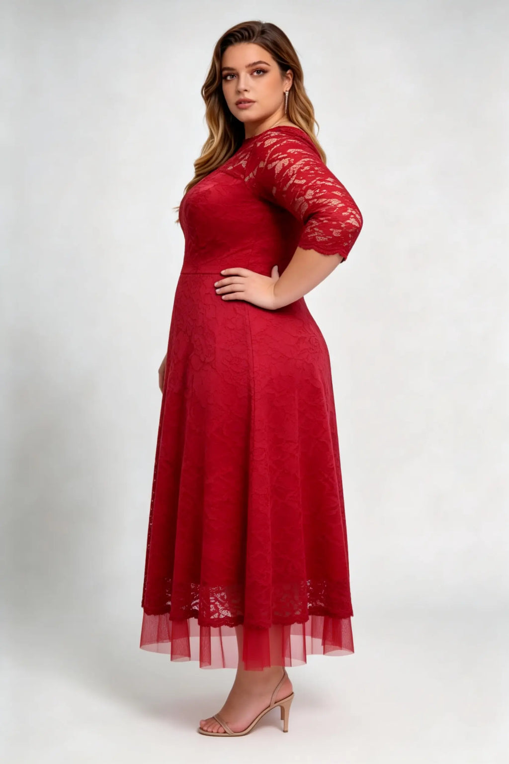 Plus Size Red Lace Boat Neck 3/4 Sleeve A-line Midi Dress - Elegant Formal Evening Cocktail Dress