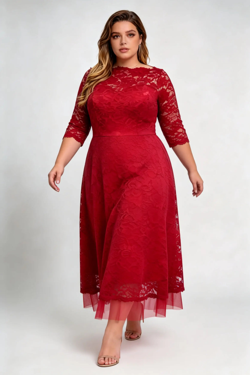 Plus Size Red Lace Boat Neck 3/4 Sleeve A-line Midi Dress - Elegant Formal Evening Cocktail Dress