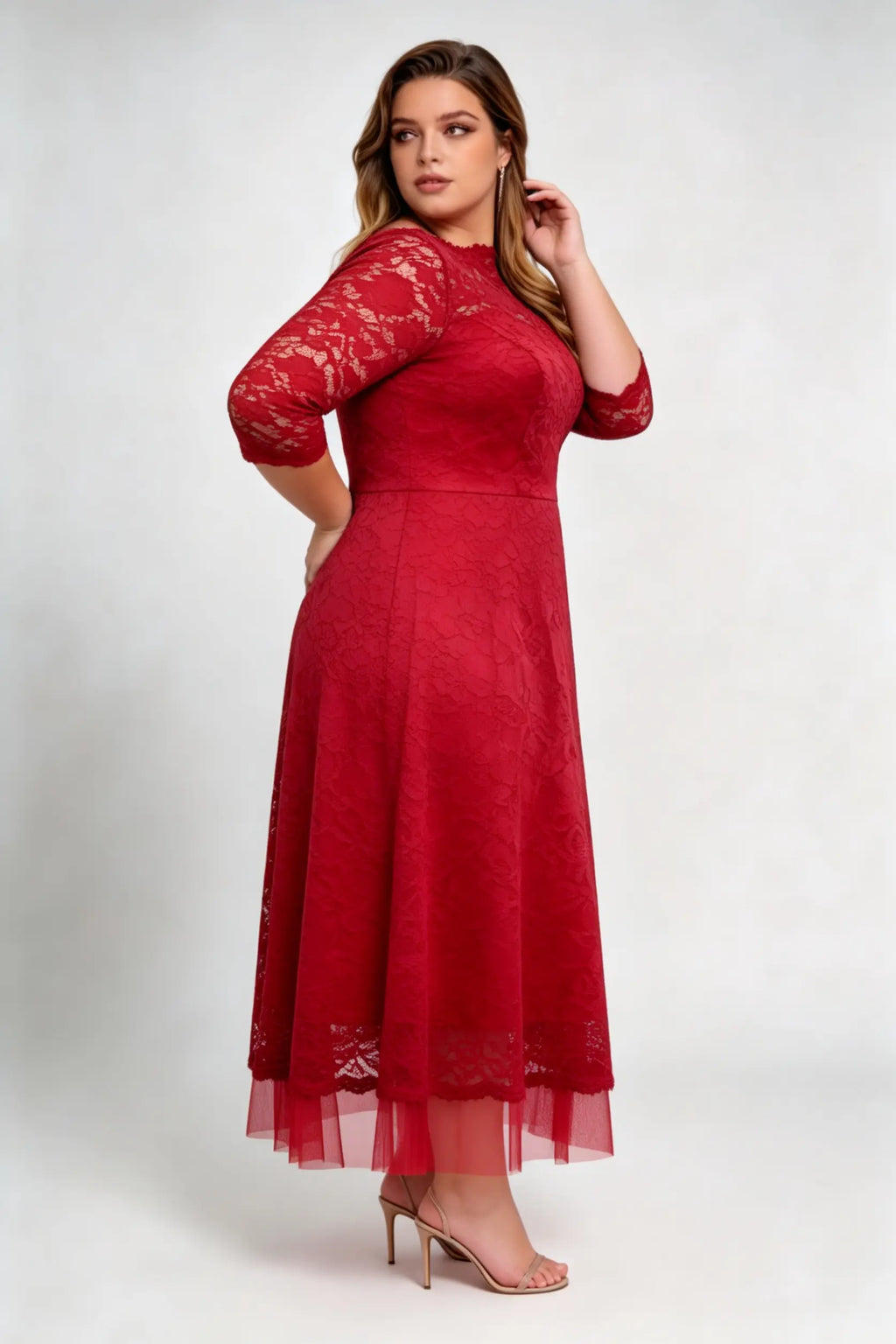 Plus Size Red Lace Boat Neck 3/4 Sleeve A-line Midi Dress - Elegant Formal Evening Cocktail Dress