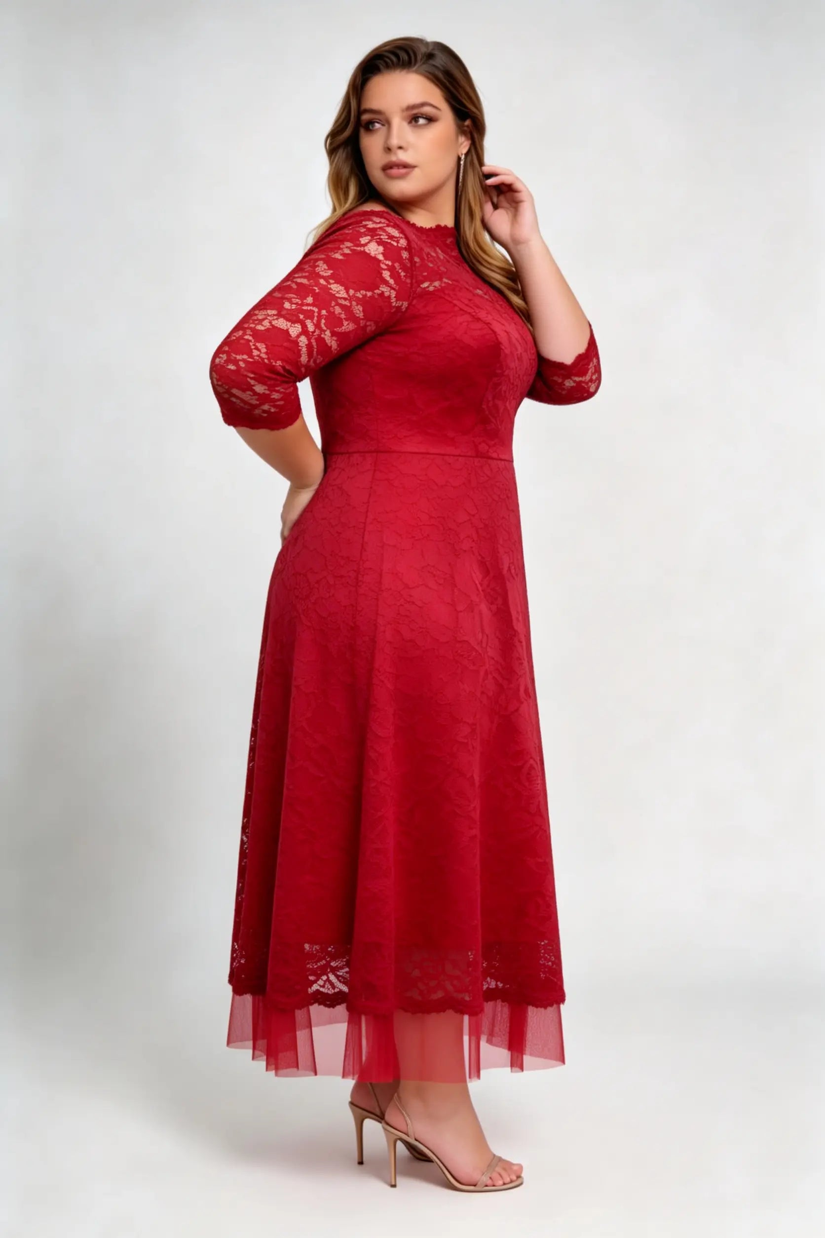 Plus Size Red Lace Boat Neck 3/4 Sleeve A-line Midi Dress - Elegant Formal Evening Cocktail Dress