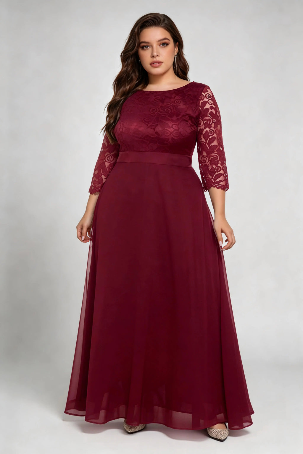 Plus Size Burgundy Lace 3/4 Sleeve Chiffon A-line Floor Length Evening Gown - Formal Wedding Guest Dress With Sash Belt