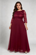 Plus Size Burgundy Lace 3/4 Sleeve Chiffon A-line Floor Length Evening Gown - Formal Wedding Guest Dress With Sash Belt