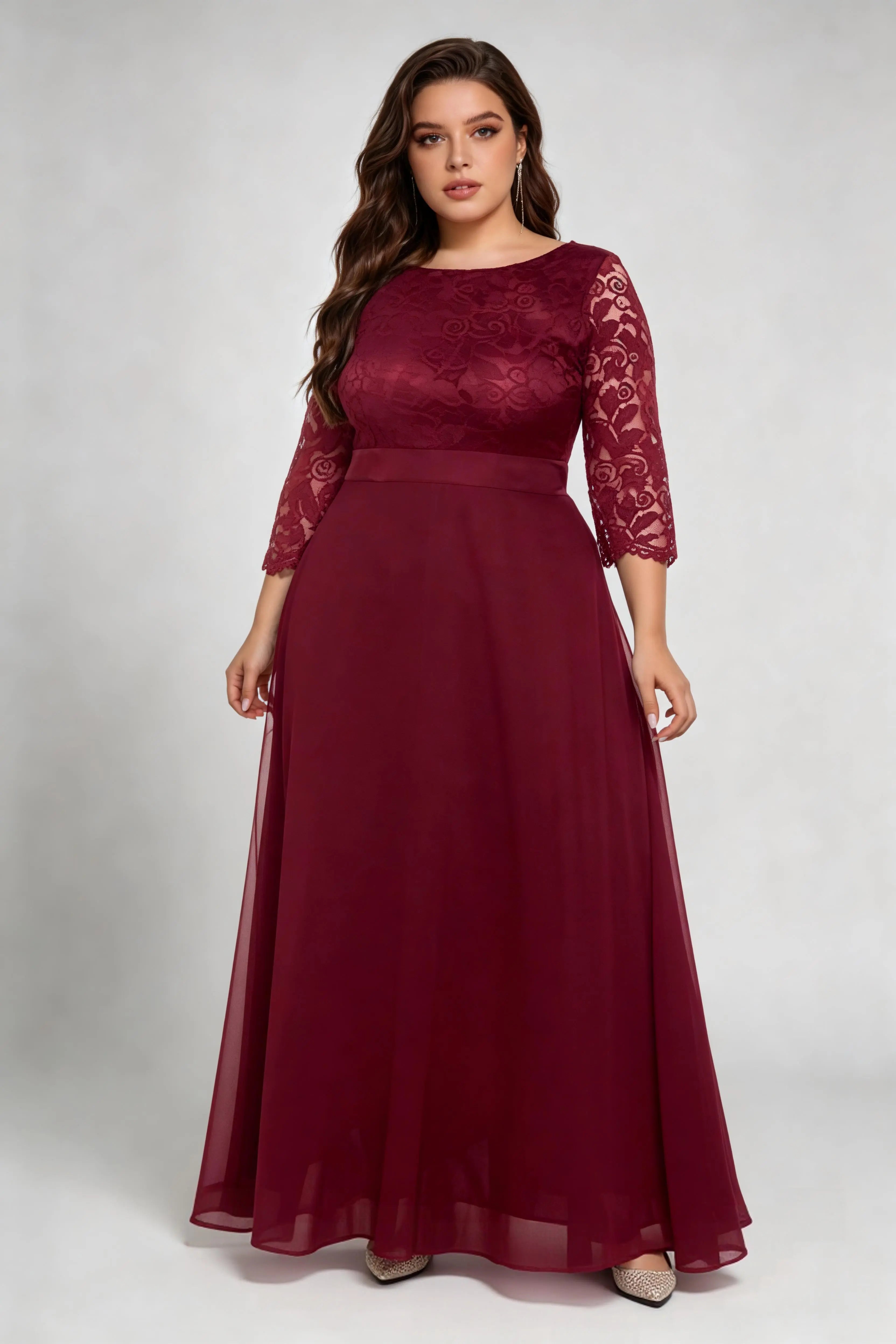 Plus Size Burgundy Lace 3/4 Sleeve Chiffon A-line Floor Length Evening Gown - Formal Wedding Guest Dress With Sash Belt