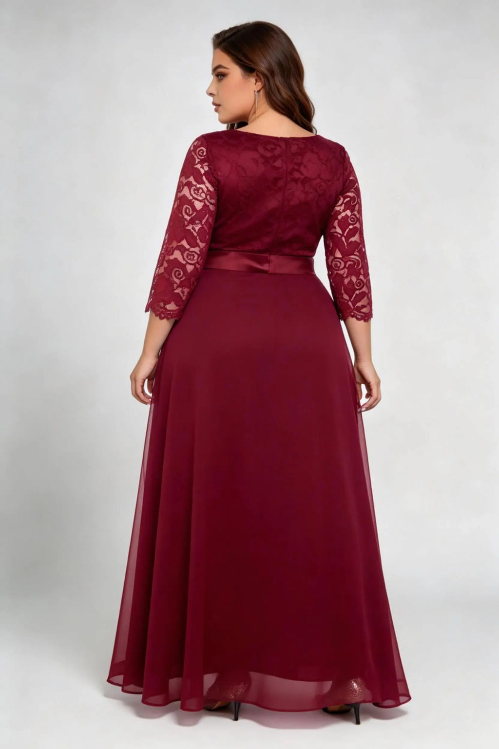 Plus Size Burgundy Lace 3/4 Sleeve Chiffon A-line Floor Length Evening Gown - Formal Wedding Guest Dress With Sash Belt
