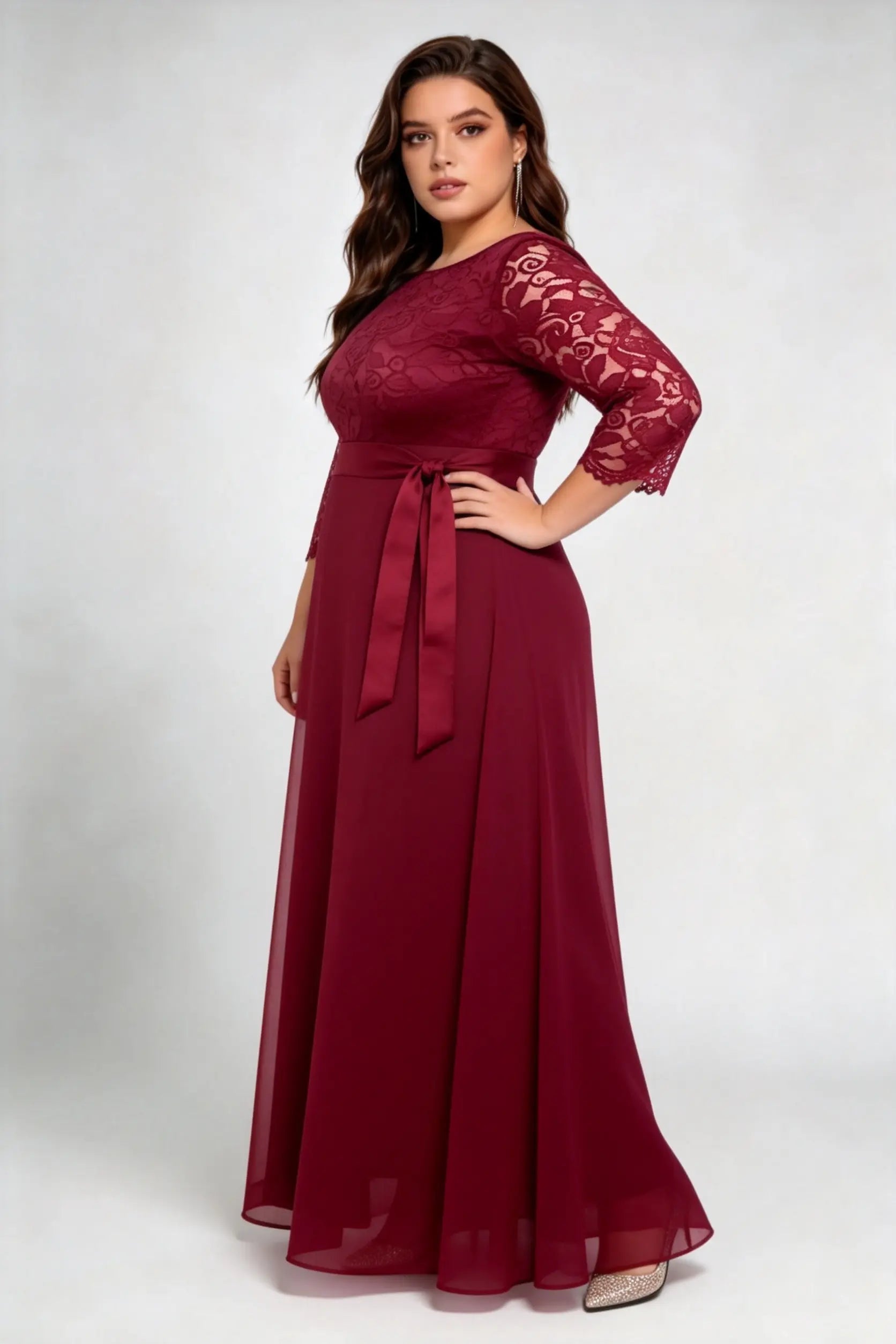 Plus Size Burgundy Lace 3/4 Sleeve Chiffon A-line Floor Length Evening Gown - Formal Wedding Guest Dress With Sash Belt