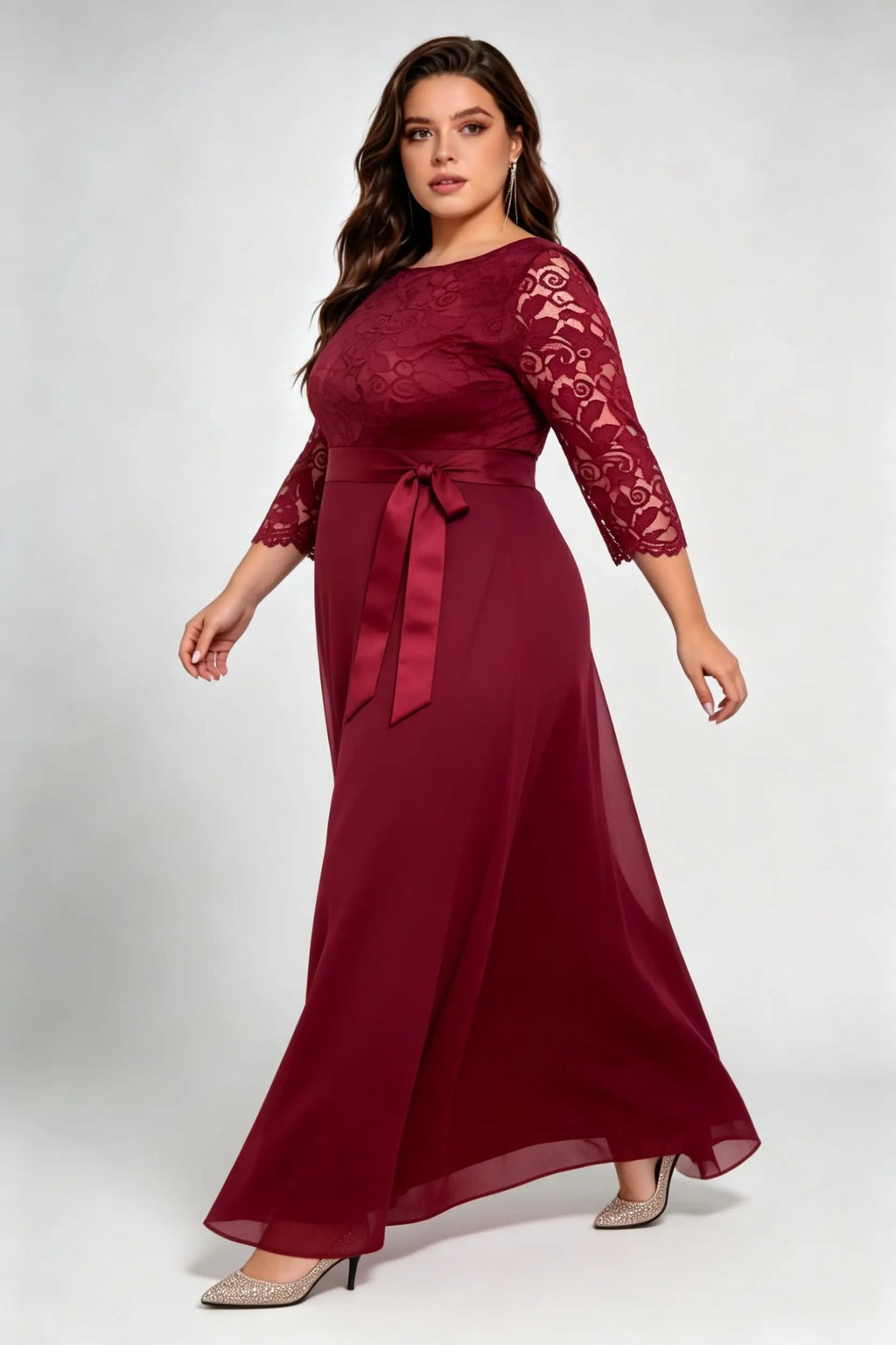 Plus Size Burgundy Lace 3/4 Sleeve Chiffon A-line Floor Length Evening Gown - Formal Wedding Guest Dress With Sash Belt