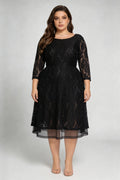 Plus Size Black Lace 3/4 Sleeve A-line Midi Dress - Elegant Round Neck V-back Semi-formal Party Dress