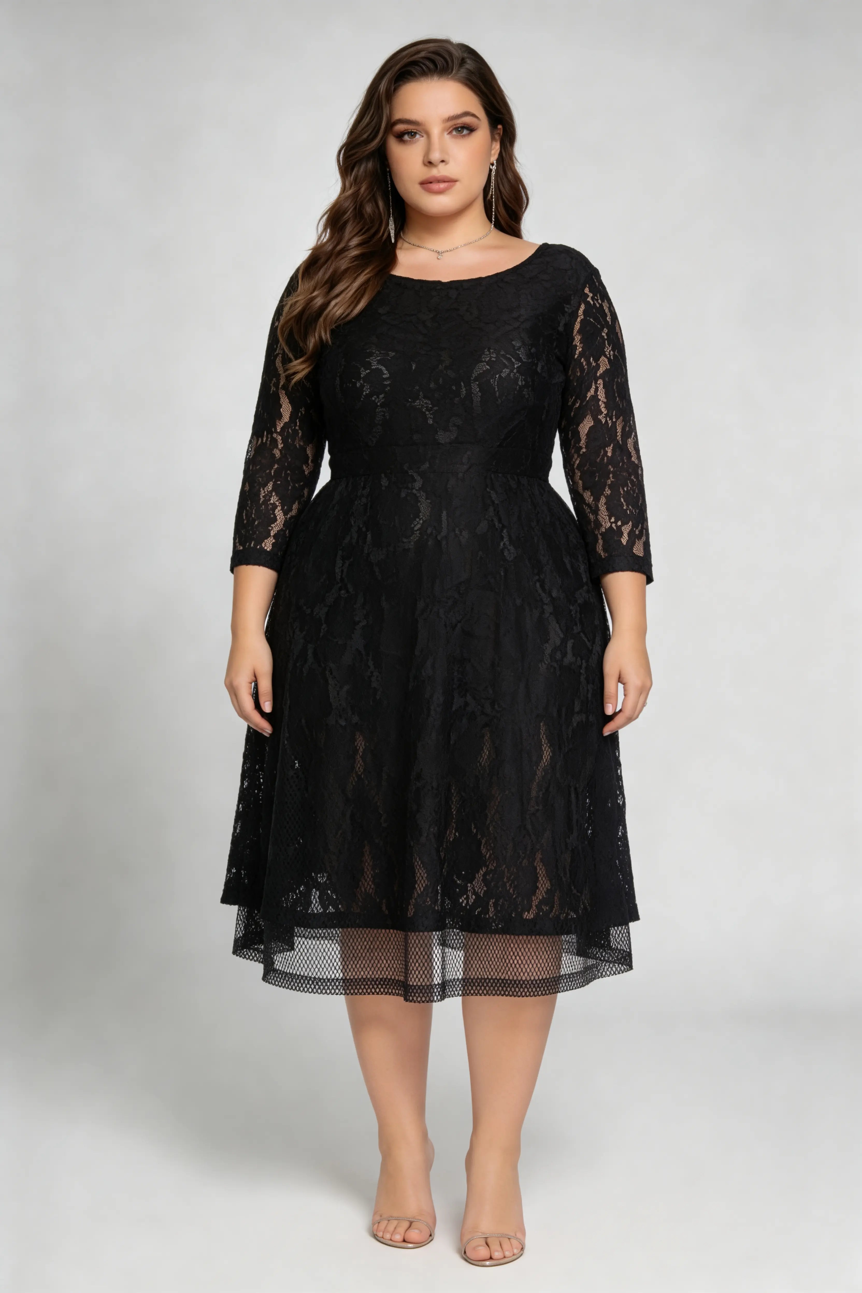 Plus Size Black Lace 3/4 Sleeve A-line Midi Dress - Elegant Round Neck V-back Semi-formal Party Dress