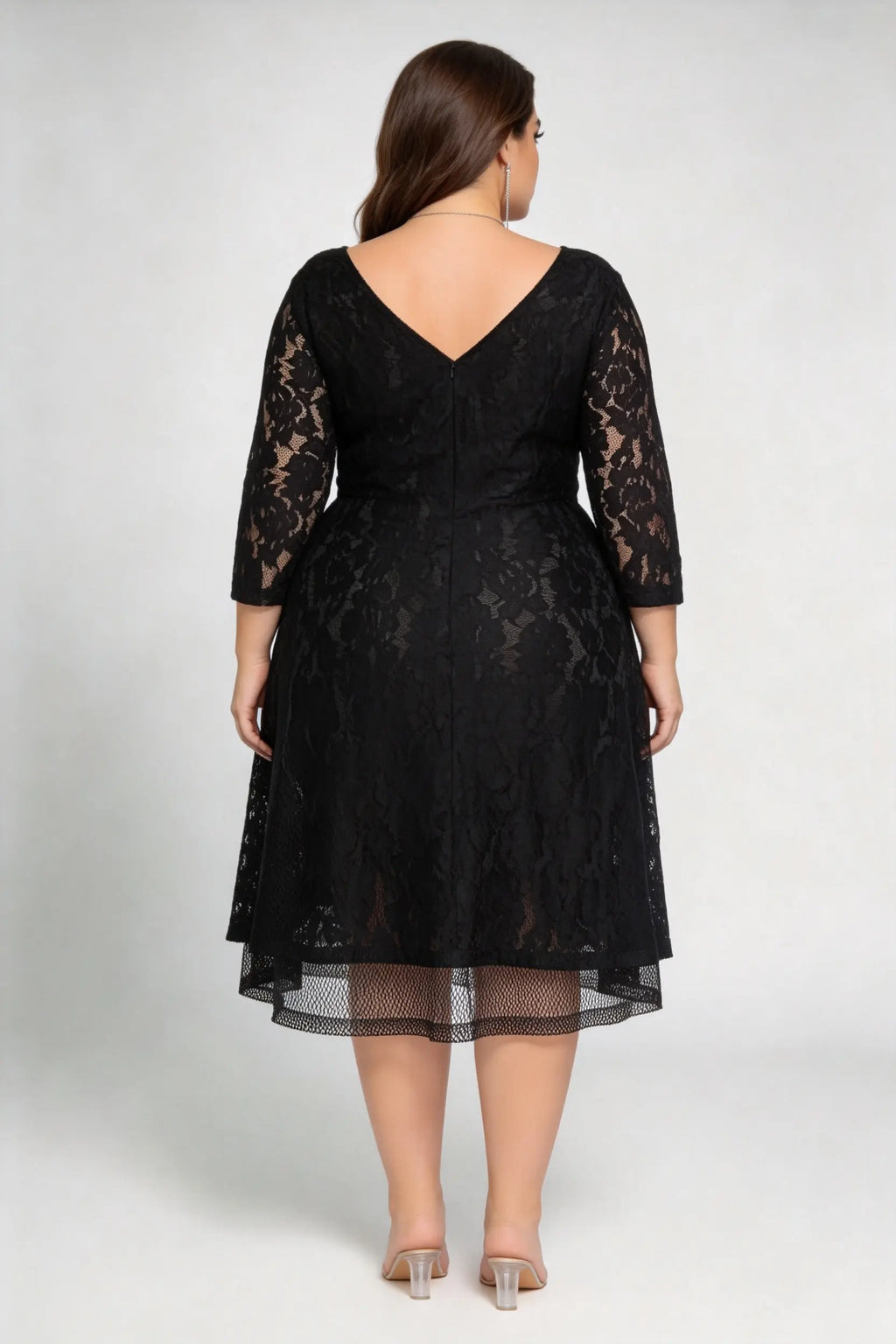 Plus Size Black Lace 3/4 Sleeve A-line Midi Dress - Elegant Round Neck V-back Semi-formal Party Dress
