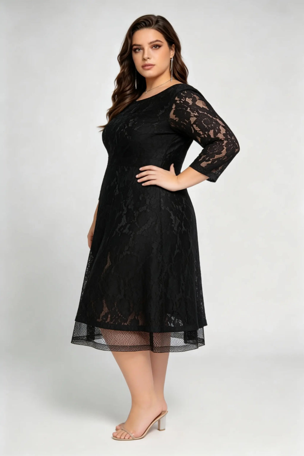 Plus Size Black Lace 3/4 Sleeve A-line Midi Dress - Elegant Round Neck V-back Semi-formal Party Dress