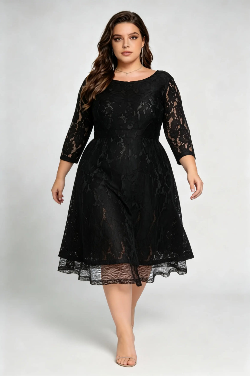 Plus Size Black Lace 3/4 Sleeve A-line Midi Dress - Elegant Round Neck V-back Semi-formal Party Dress