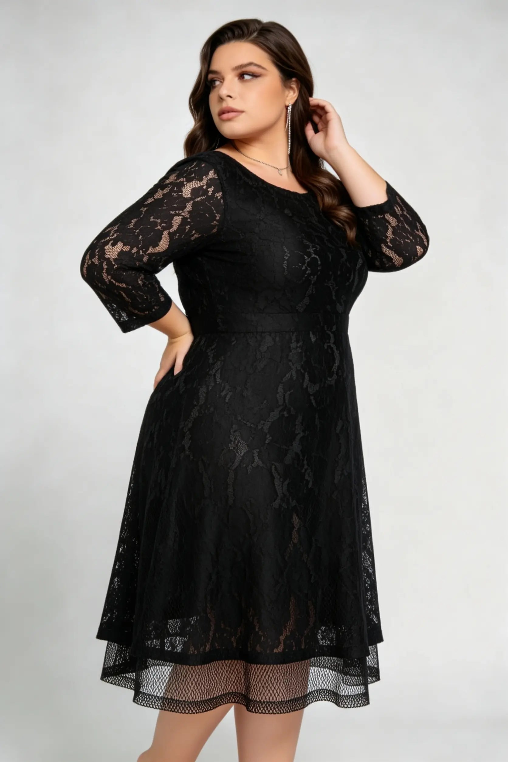 Plus Size Black Lace 3/4 Sleeve A-line Midi Dress - Elegant Round Neck V-back Semi-formal Party Dress