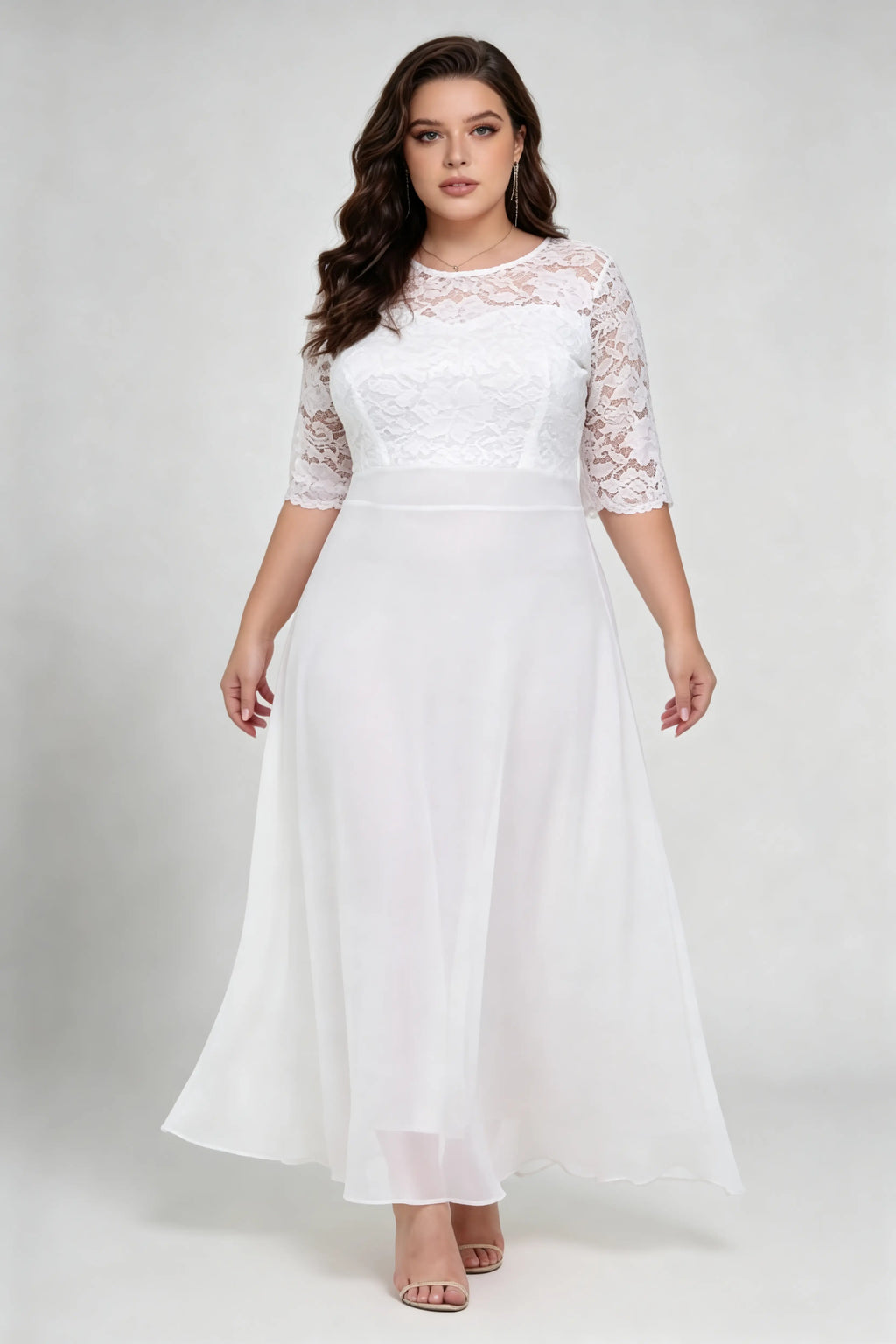Plus Size White Lace 3/4 Sleeve Round Neck Full A-line Floor Length Gown - Elegant Formal Wedding Bridal Dress