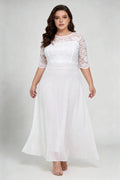 Plus Size White Lace 3/4 Sleeve Round Neck Full A-line Floor Length Gown - Elegant Formal Wedding Bridal Dress