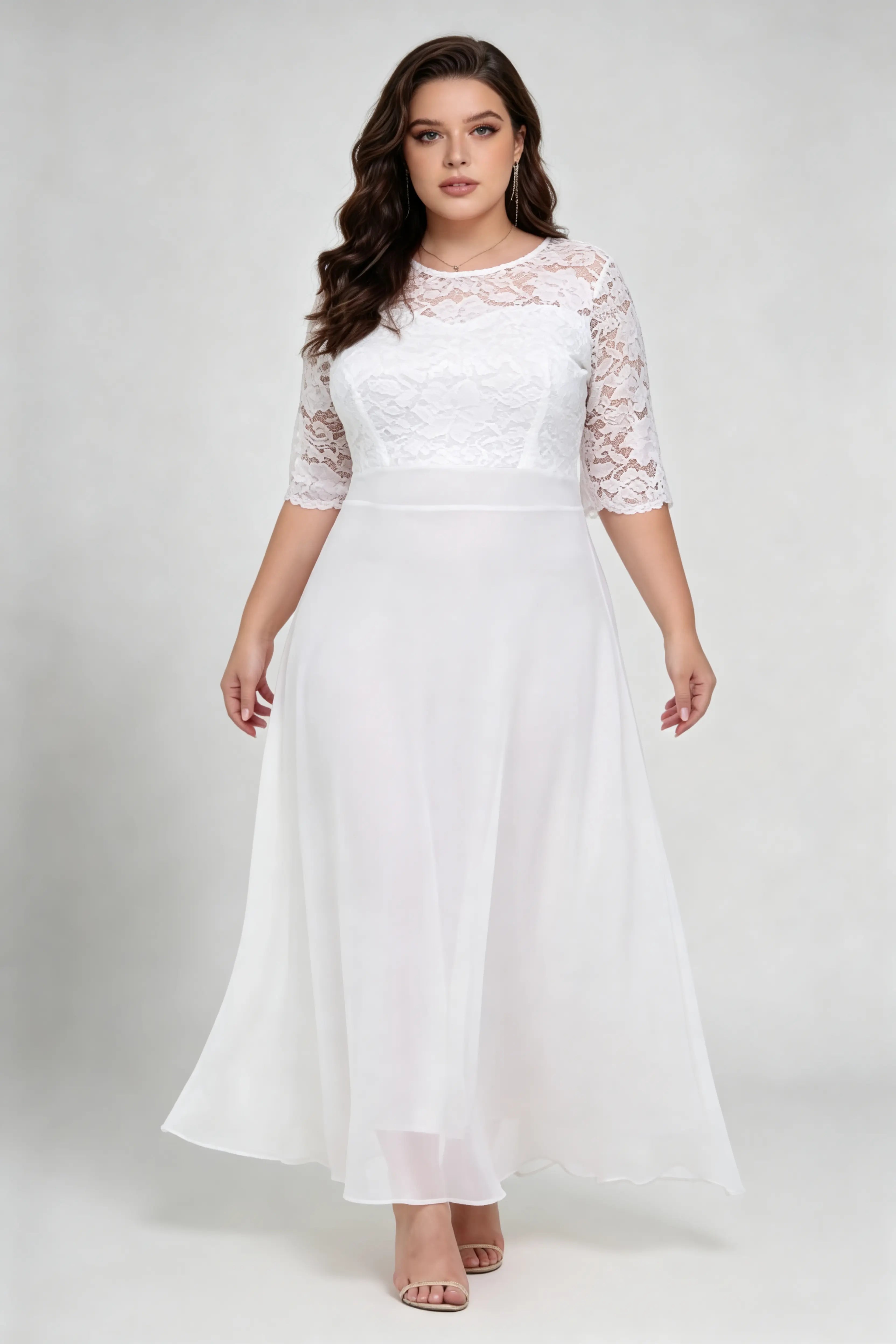Plus Size White Lace 3/4 Sleeve Round Neck Full A-line Floor Length Gown - Elegant Formal Wedding Bridal Dress