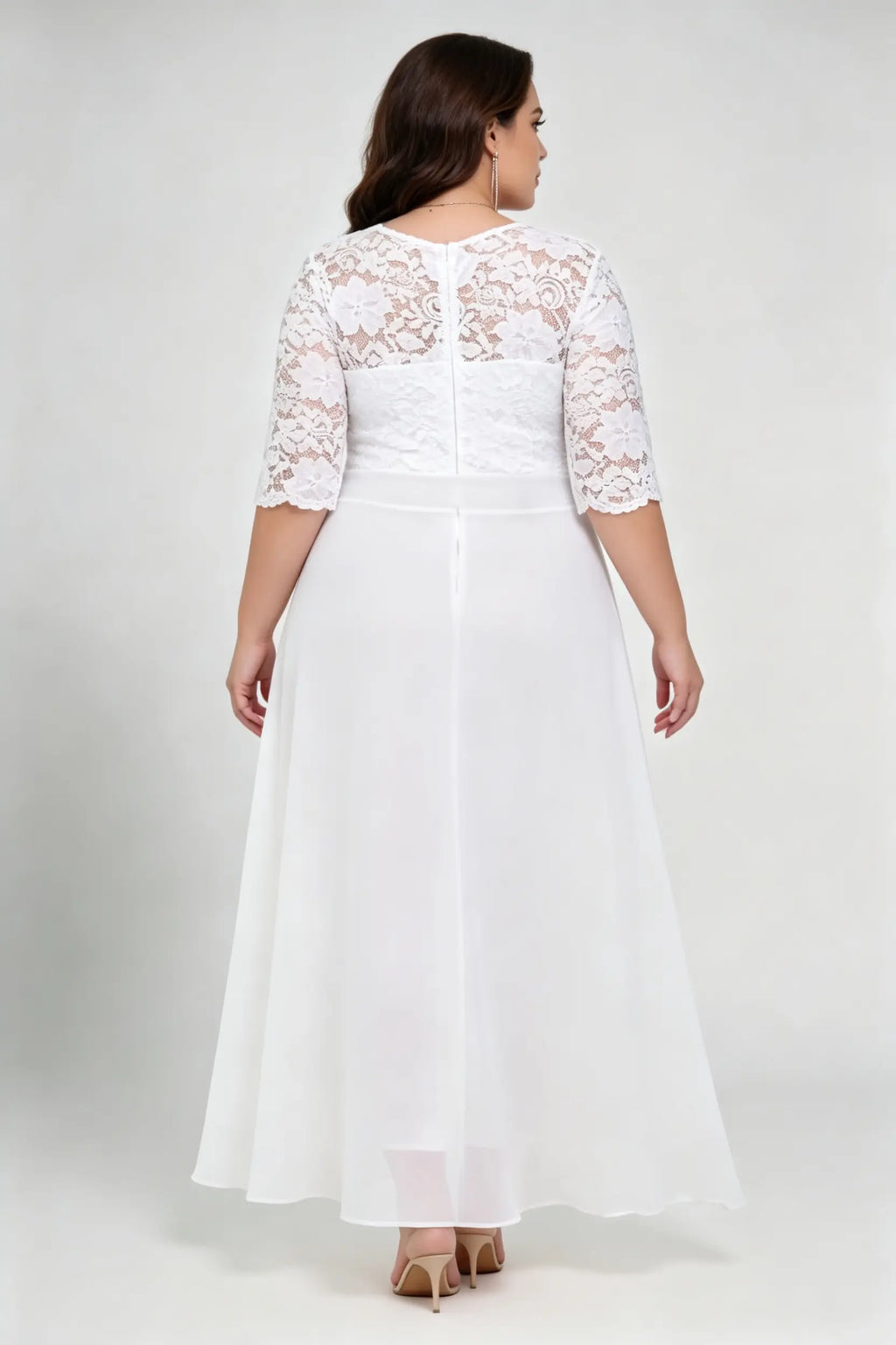 Plus Size White Lace 3/4 Sleeve Round Neck Full A-line Floor Length Gown - Elegant Formal Wedding Bridal Dress
