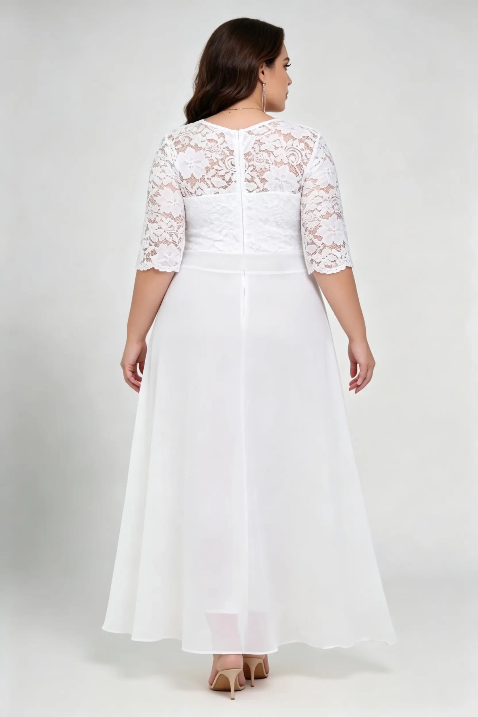 Plus Size White Lace 3/4 Sleeve Round Neck Full A-line Floor Length Gown - Elegant Formal Wedding Bridal Dress