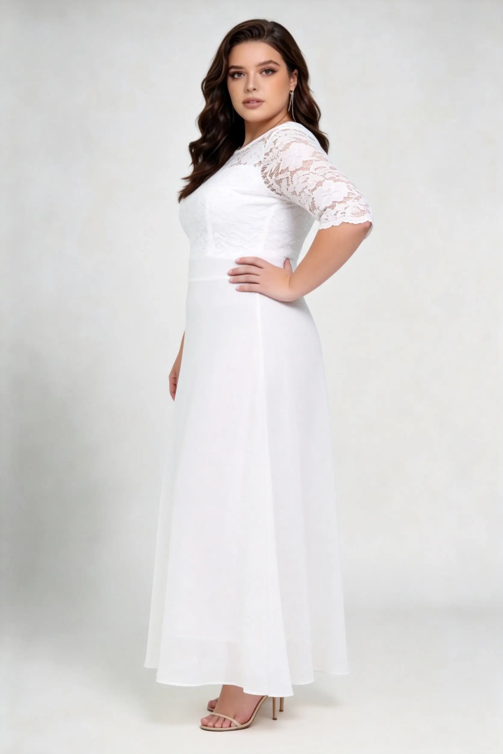 Plus Size White Lace 3/4 Sleeve Round Neck Full A-line Floor Length Gown - Elegant Formal Wedding Bridal Dress