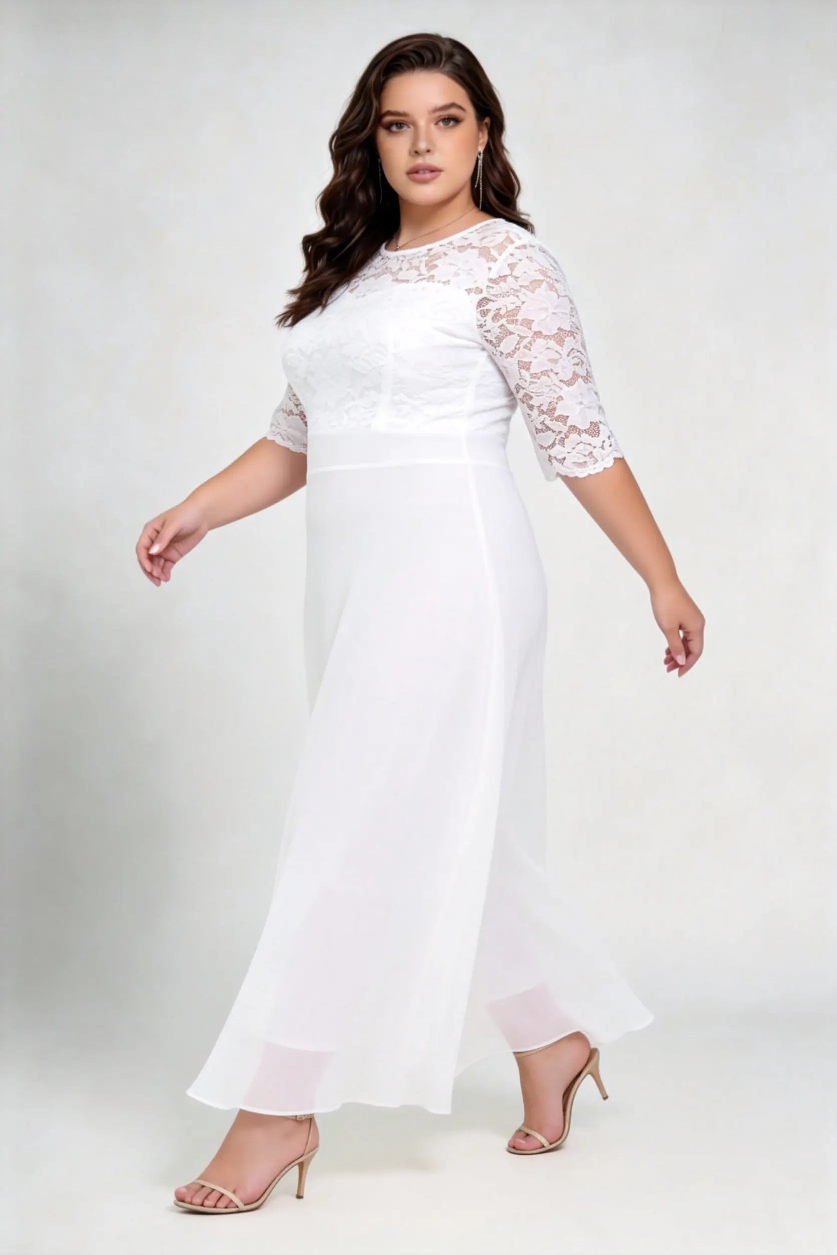 Plus Size White Lace 3/4 Sleeve Round Neck Full A-line Floor Length Gown - Elegant Formal Wedding Bridal Dress