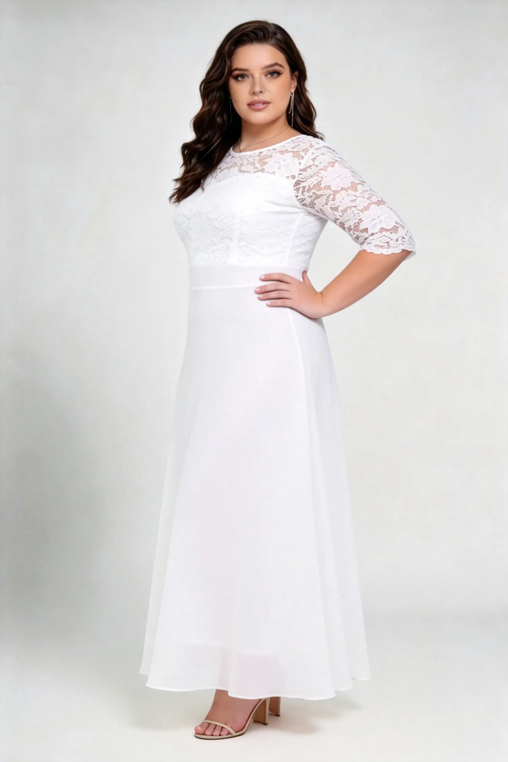 Plus Size White Lace 3/4 Sleeve Round Neck Full A-line Floor Length Gown - Elegant Formal Wedding Bridal Dress