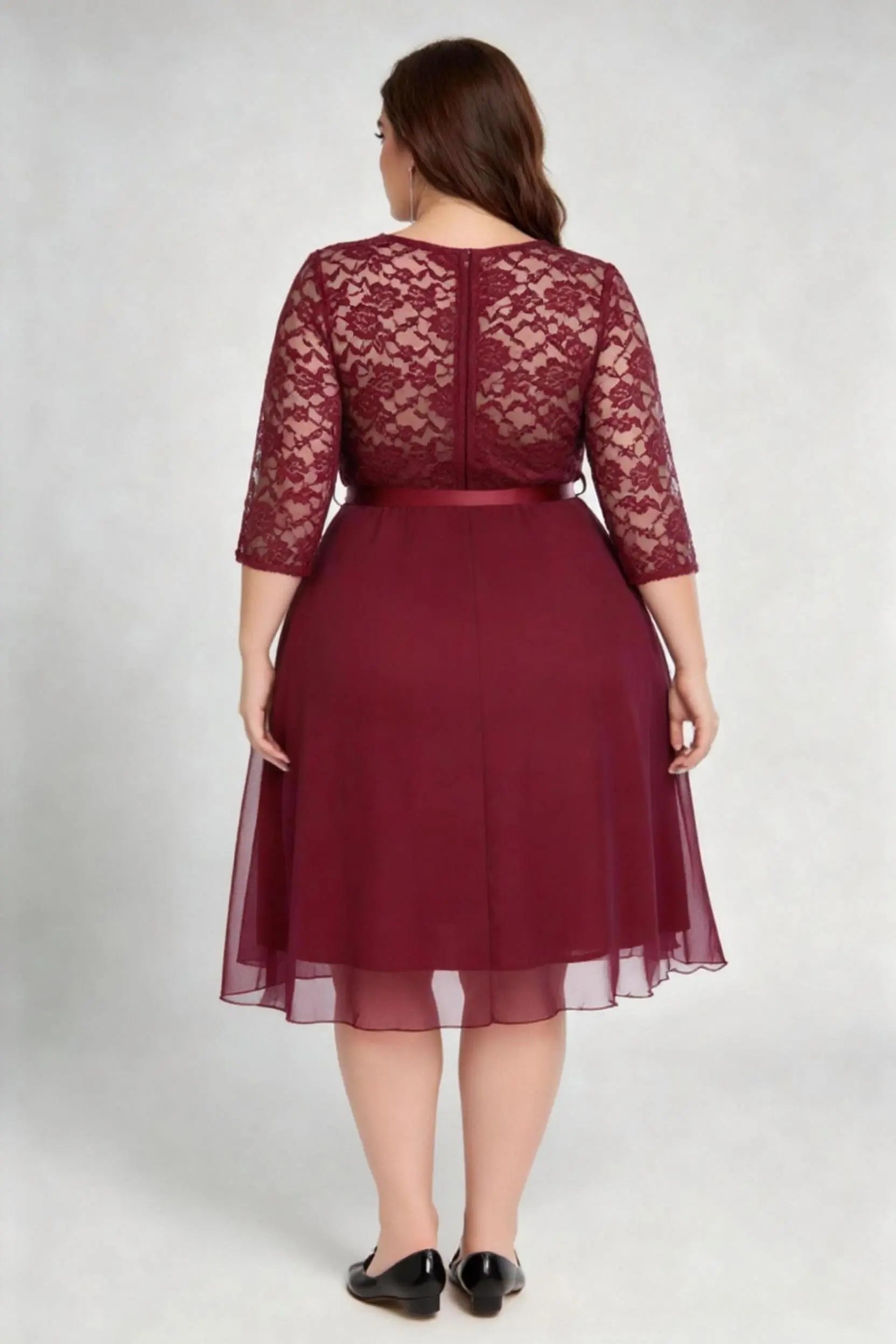 Plus Size Burgundy Lace 3/4 Sleeve A-line Midi Dress With Satin Belt - Elegant Semi-formal Wedding Guest Dress