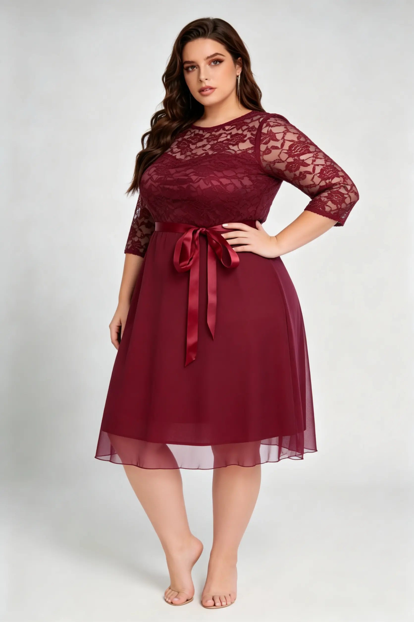 Plus Size Burgundy Lace 3/4 Sleeve A-line Midi Dress With Satin Belt - phoehua Plus Size Burgundy Lace 3/4 Sleeve A-line Midi Dress With Satin Belt - phoehua