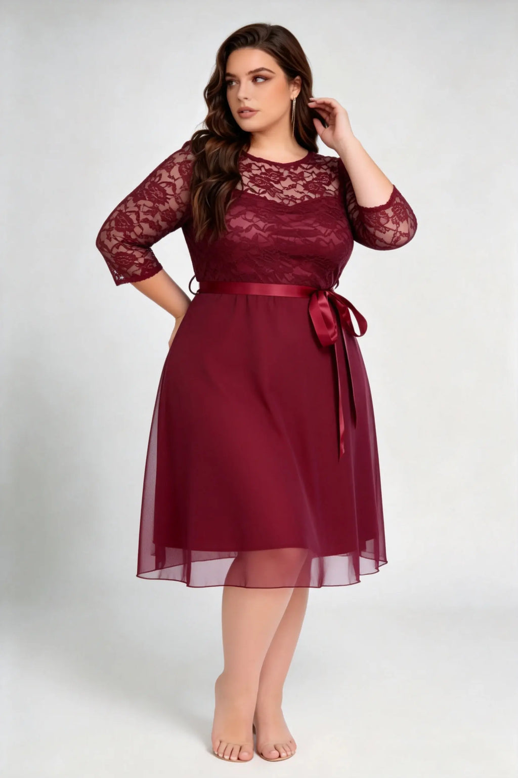 Plus Size Burgundy Lace 3/4 Sleeve A-line Midi Dress With Satin Belt