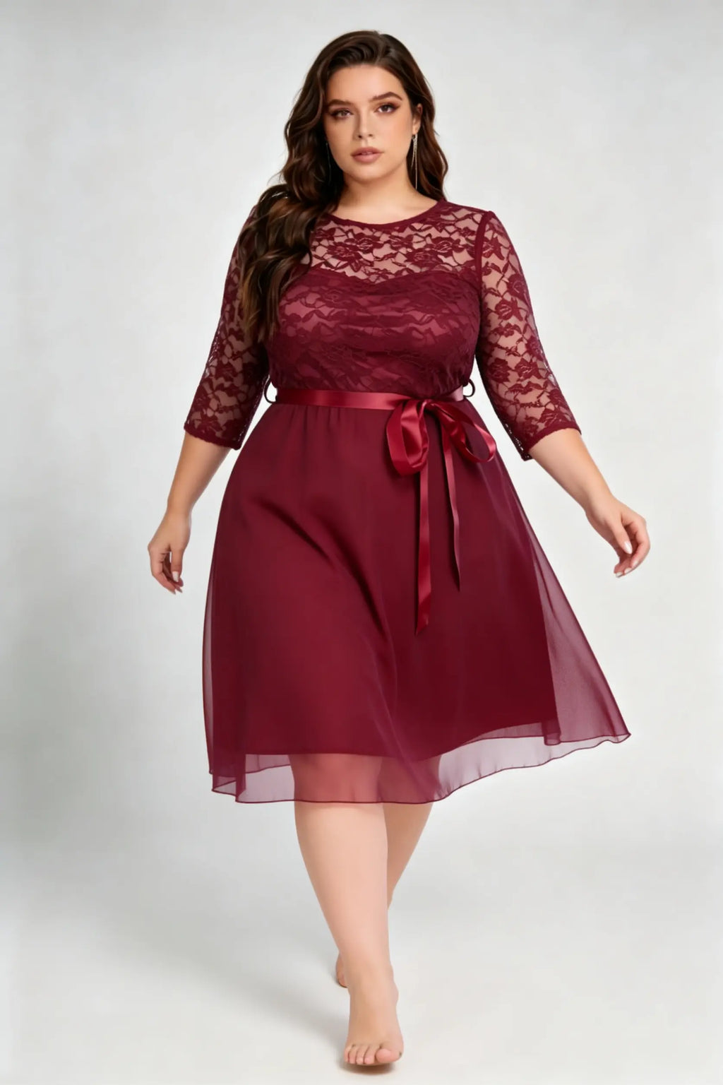 Plus Size Burgundy Lace 3/4 Sleeve A-line Midi Dress With Satin Belt - Elegant Semi-formal Wedding Guest Dress