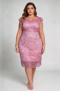 Plus Size Pink Lace Cap Sleeve Round Neck Bodycon Midi Dress - Elegant Semi-formal Wedding Guest Dress