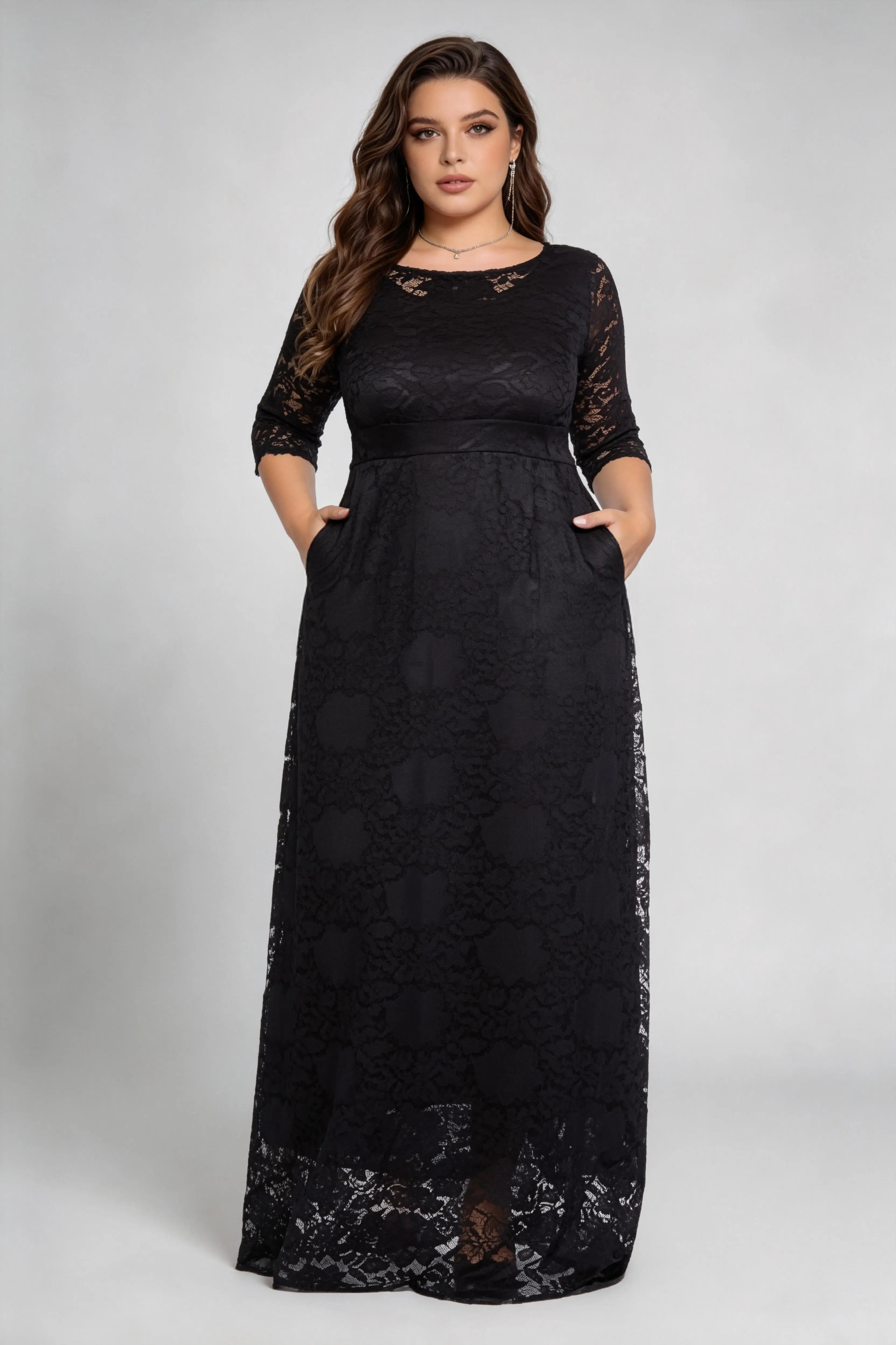 Plus Size Black Floral Lace 3/4 Sleeve Round Neck A-line Floor Length Maxi Dress With Pockets - Elegant Formal Wedding Guest Evening Gown