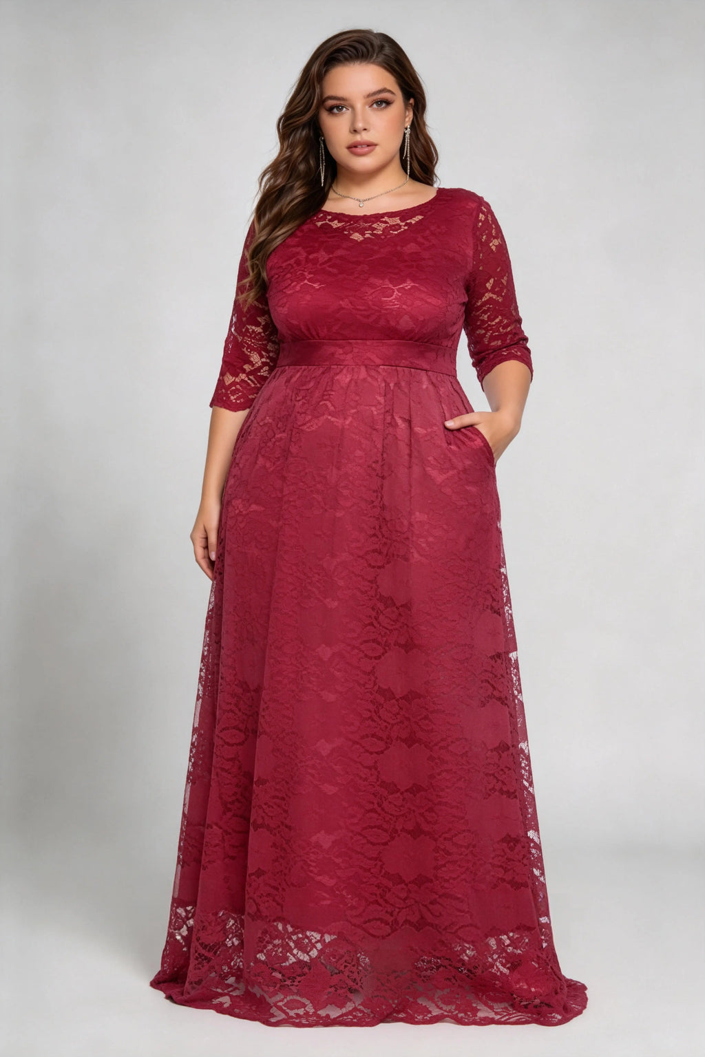 Plus Size Burgundy Floral Lace 3/4 Sleeve Round Neck A-line Floor Length Maxi Dress With Pockets - Elegant Formal Wedding Guest Evening Gown