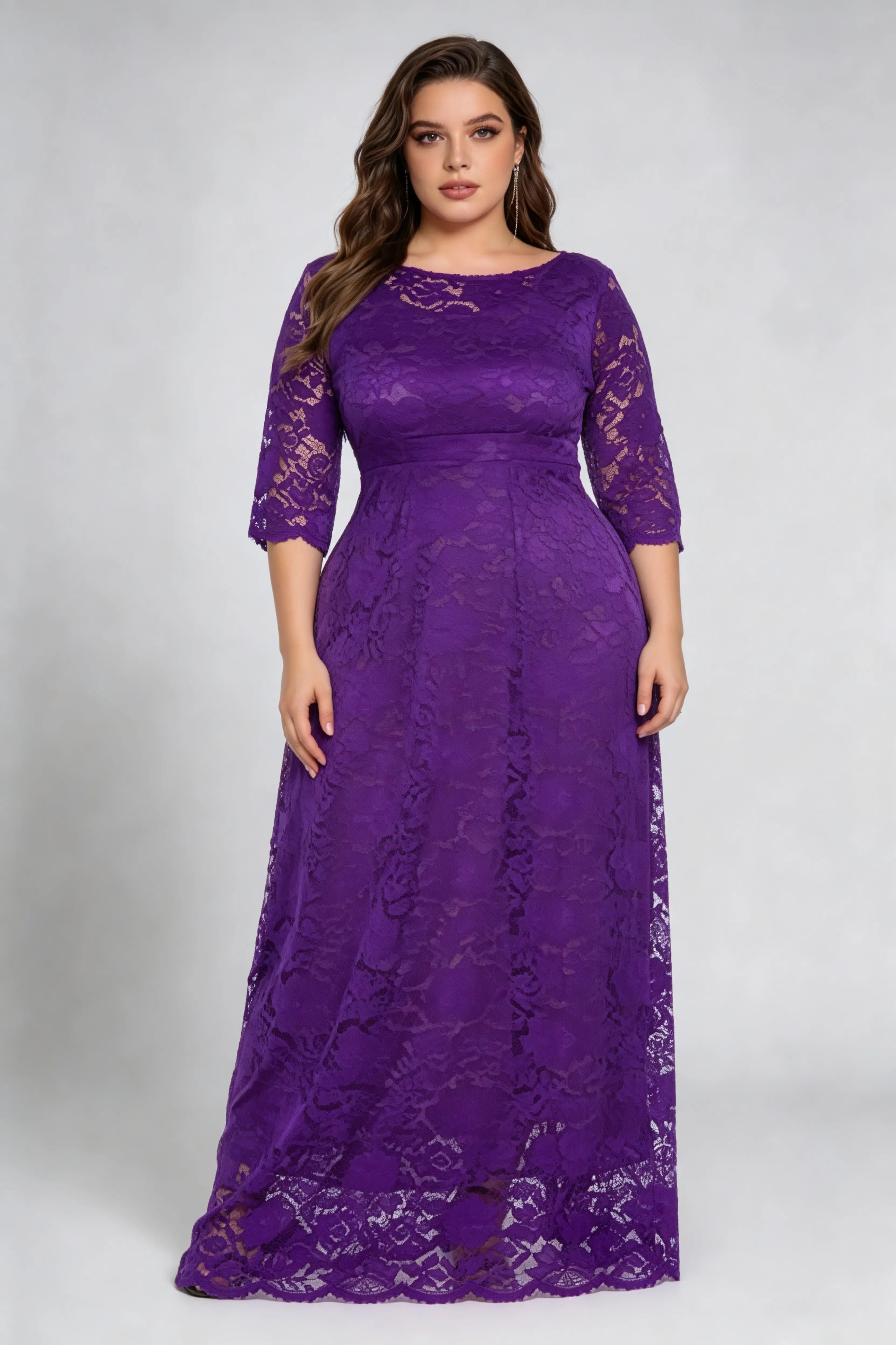 Plus Size Purple Floral Lace 3/4 Sleeve Round Neck A-line Floor Length Maxi Dress With Pockets - Elegant Formal Wedding Guest Evening Gown