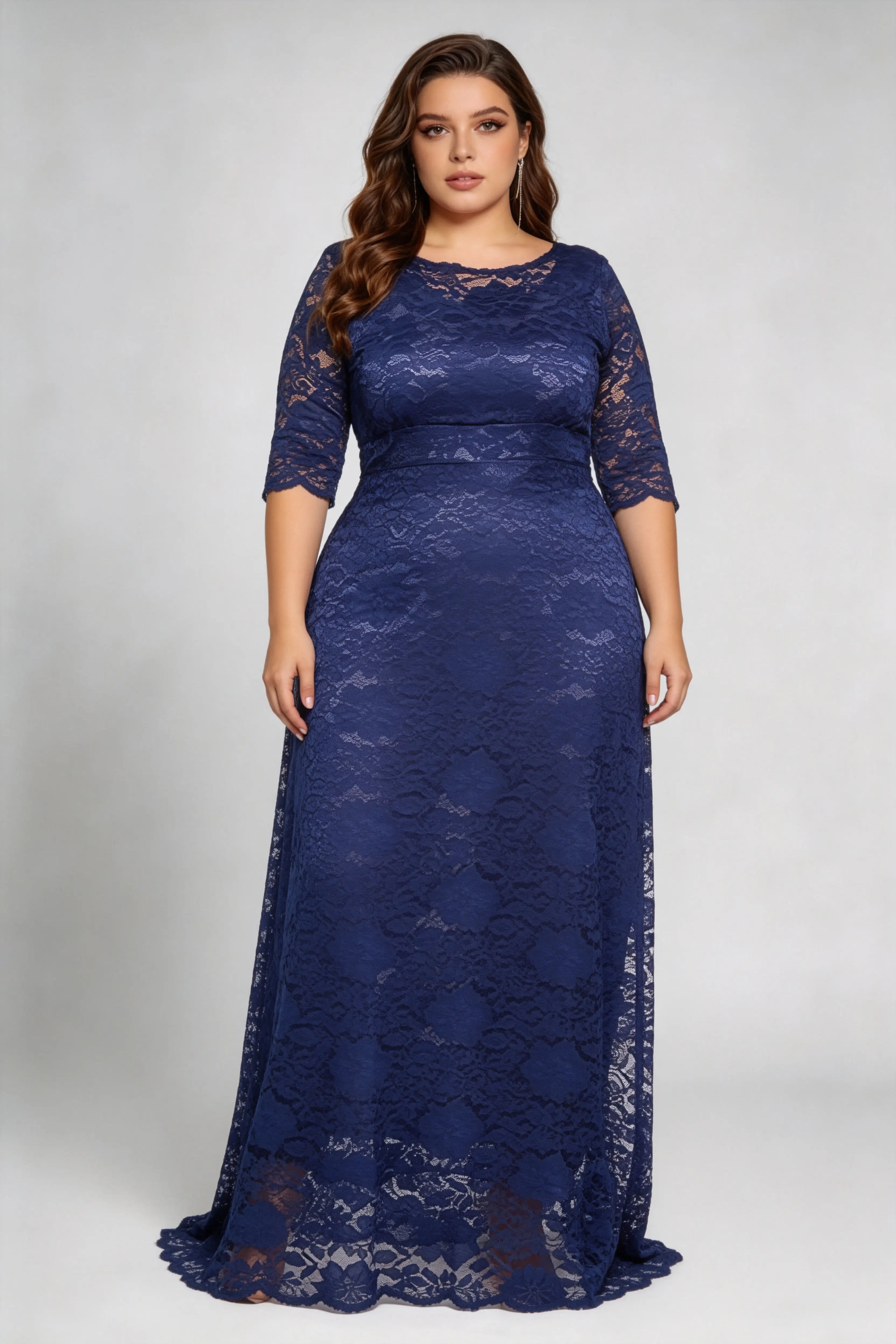 Plus Size Navy Floral Lace 3/4 Sleeve Round Neck A-line Floor Length Maxi Dress With Pockets - Elegant Formal Wedding Guest Evening Gown
