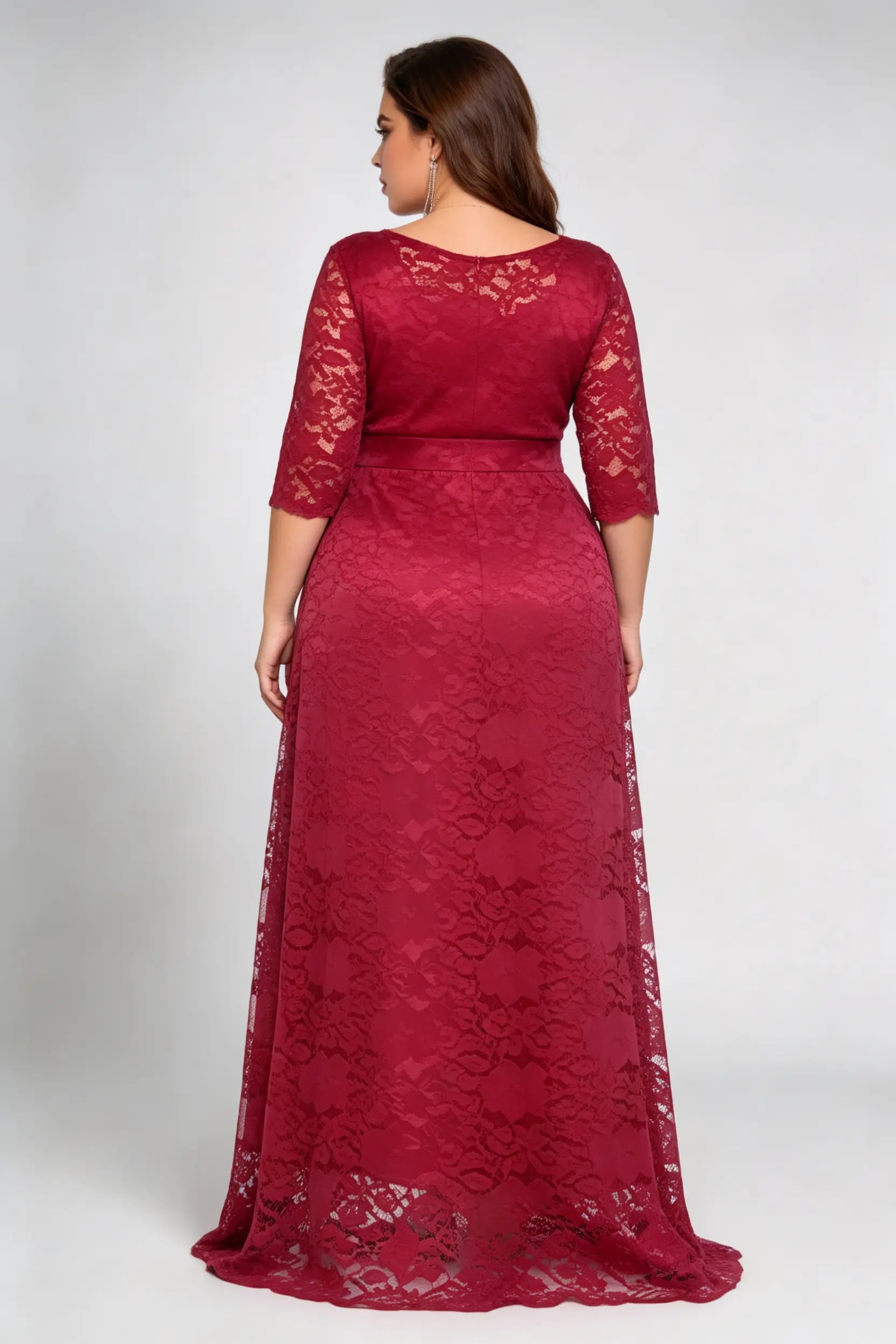 Plus Size Floral Lace 3/4 Sleeve Round Neck A-line Floor Length Maxi Dress With Pockets - Elegant Formal Wedding Guest Evening Gown Burgundy / 2XL Plus Size Floral Lace 3/4 Sleeve Round Neck A-line Floor Length Maxi Dress With Pockets - Elegant Formal Wedding Guest Evening Gown Burgundy / 2XL