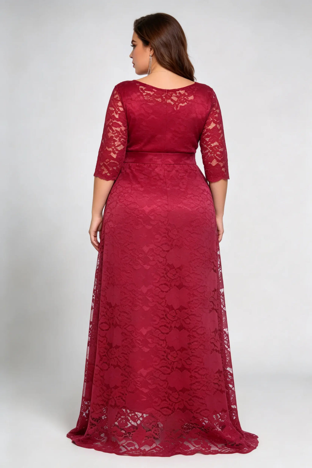 Plus Size Floral Lace 3/4 Sleeve Round Neck A-line Floor Length Maxi Dress With Pockets