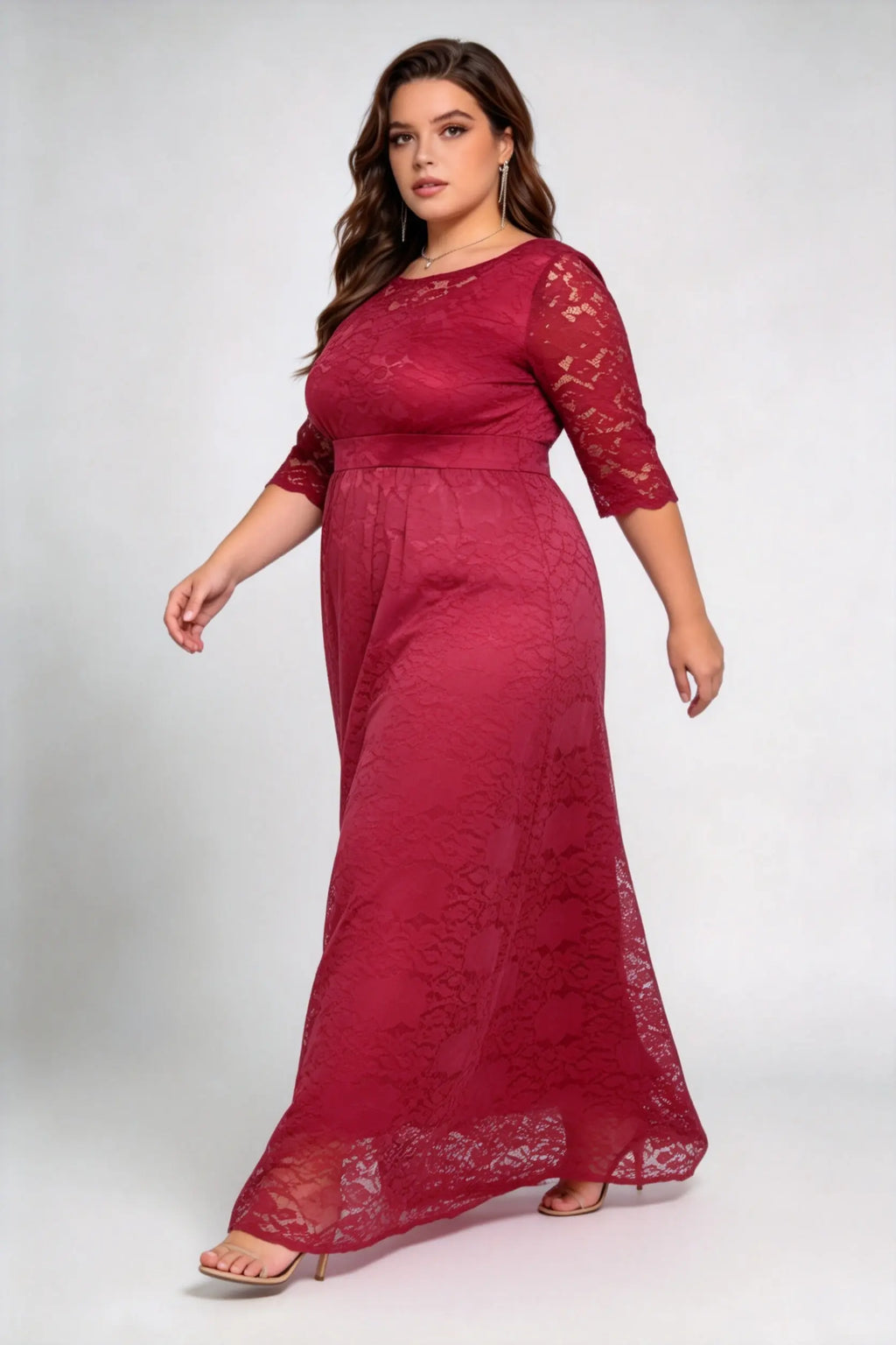 Plus Size Burgundy Floral Lace 3/4 Sleeve Round Neck A-line Floor Length Maxi Dress With Pockets - Elegant Formal Wedding Guest Evening Gown