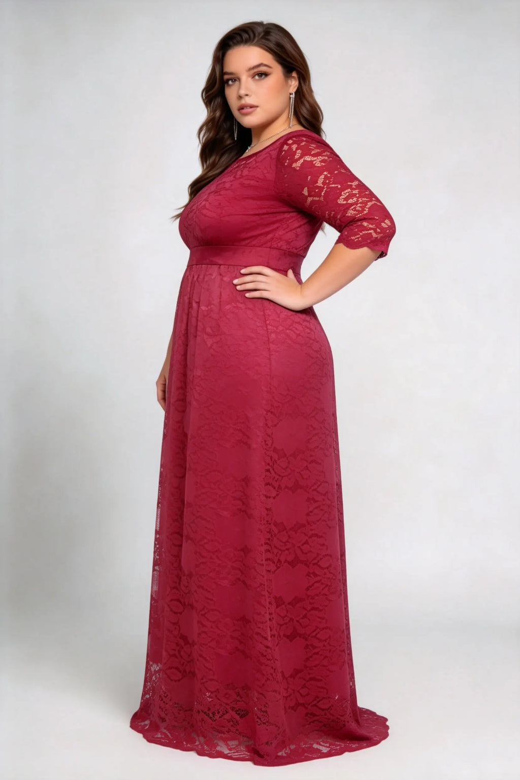 Plus Size Burgundy Floral Lace 3/4 Sleeve Round Neck A-line Floor Length Maxi Dress With Pockets - Elegant Formal Wedding Guest Evening Gown
