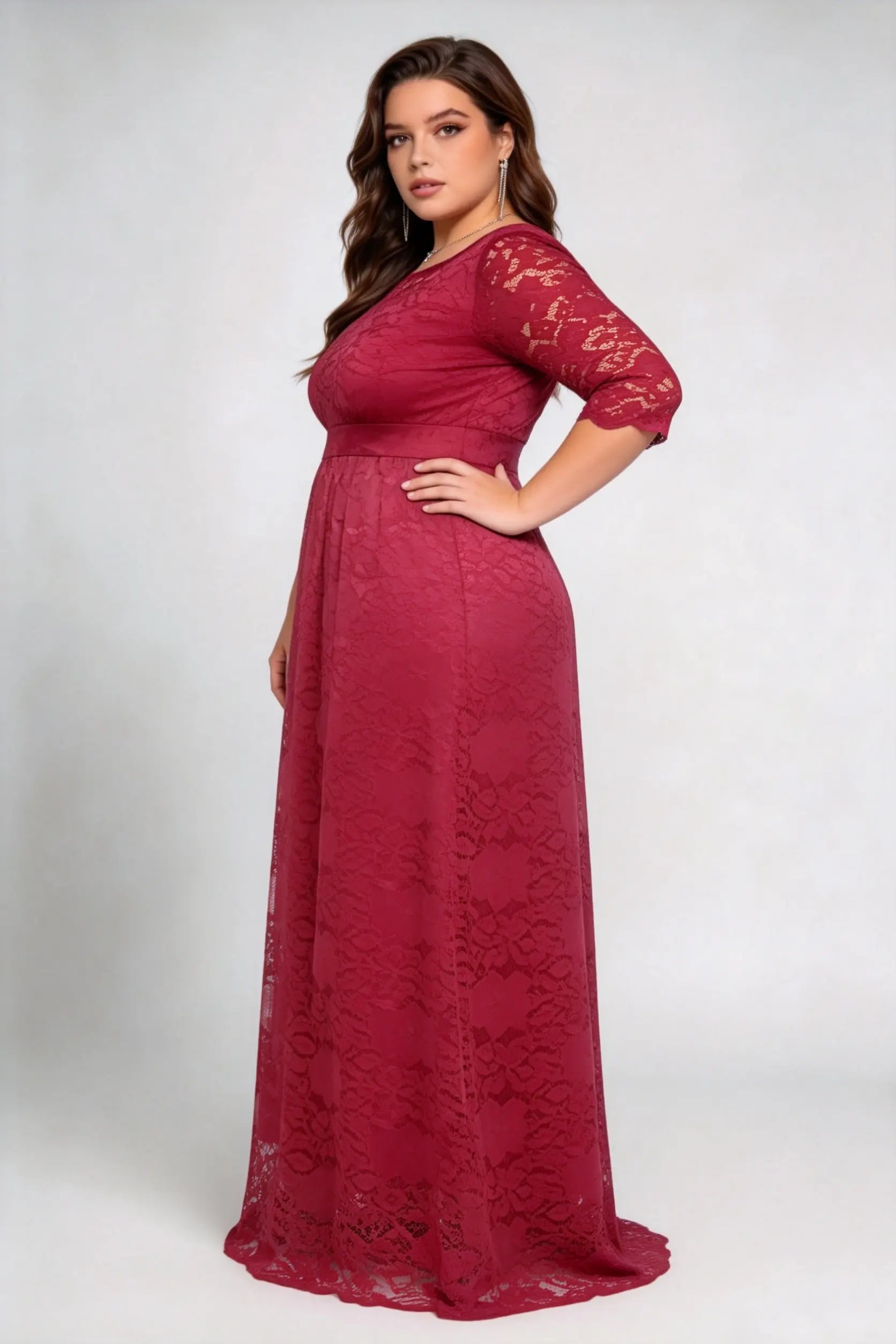 Plus Size Burgundy Floral Lace 3/4 Sleeve Round Neck A-line Floor Length Maxi Dress With Pockets - Elegant Formal Wedding Guest Evening Gown