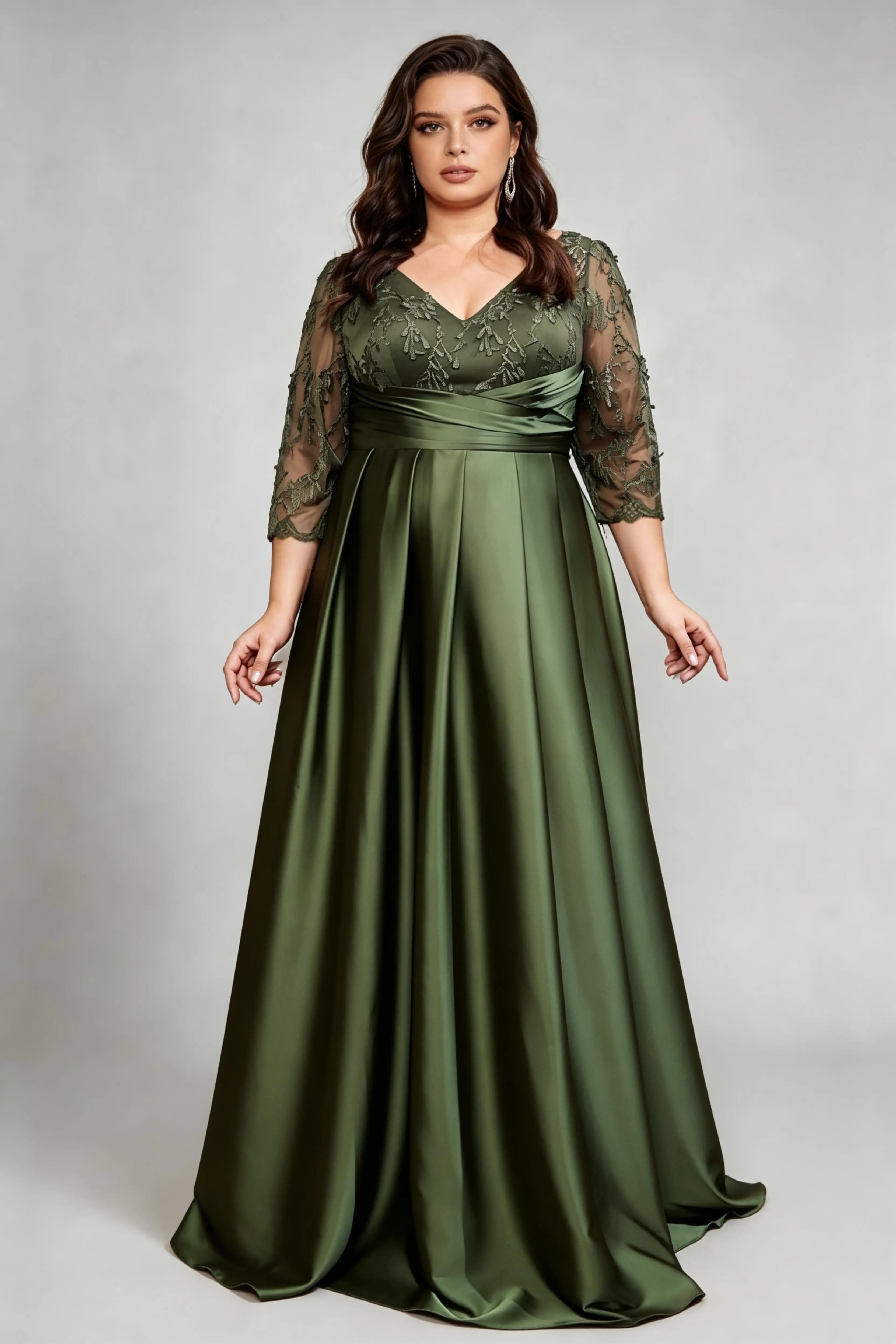 Plus Size Elegant Olive Green V-Neck Satin Evening Dress with Embroidered 3/4 Sleeves – Floor-Length Formal Gala Gown