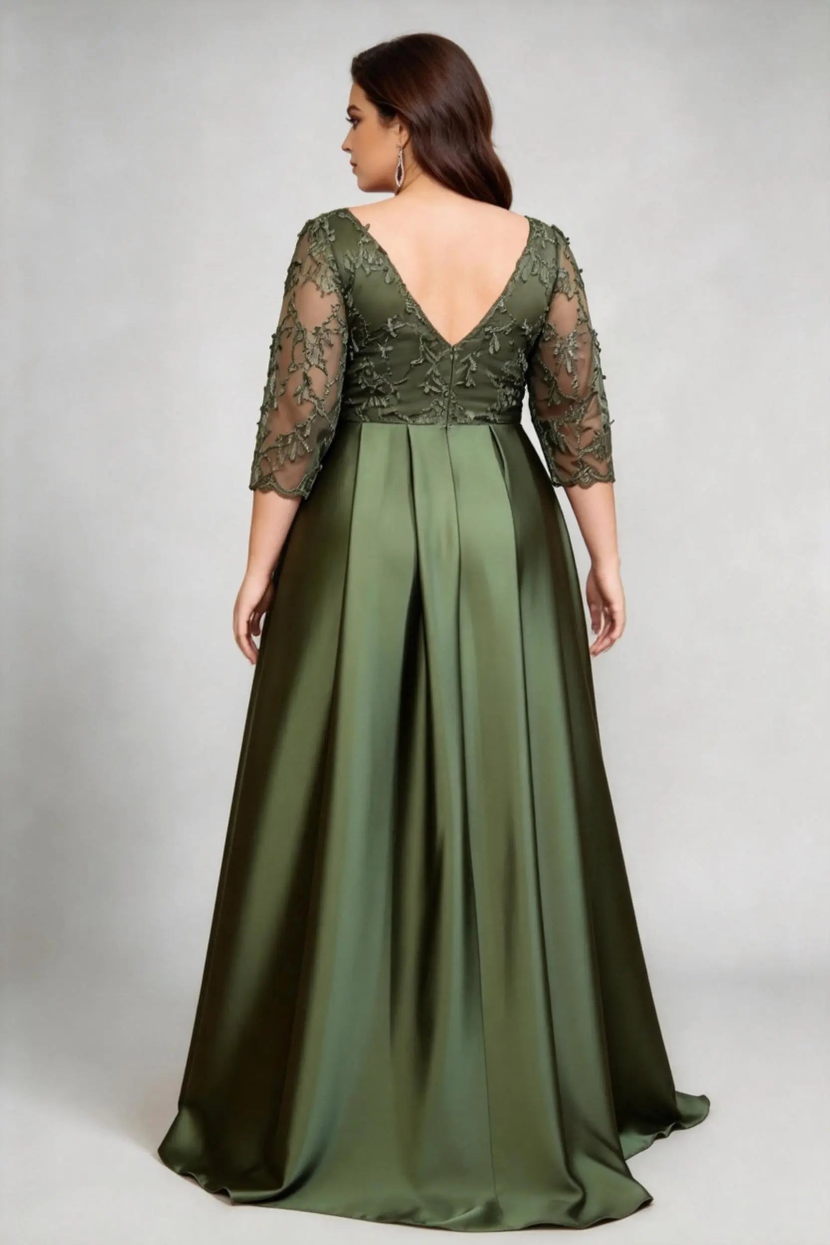 Plus Size Elegant Olive Green V-Neck Satin Evening Dress with Embroidered 3/4 Sleeves – Floor-Length Formal Gala Gown