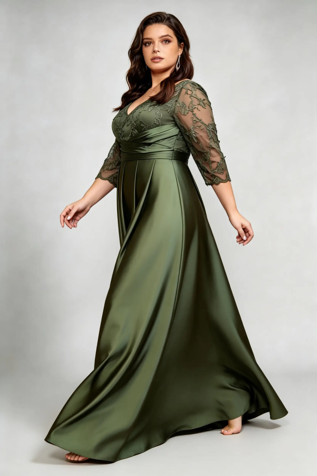 Plus Size Elegant Olive Green V-Neck Satin Evening Dress with Embroidered 3/4 Sleeves – Floor-Length Formal Gala Gown