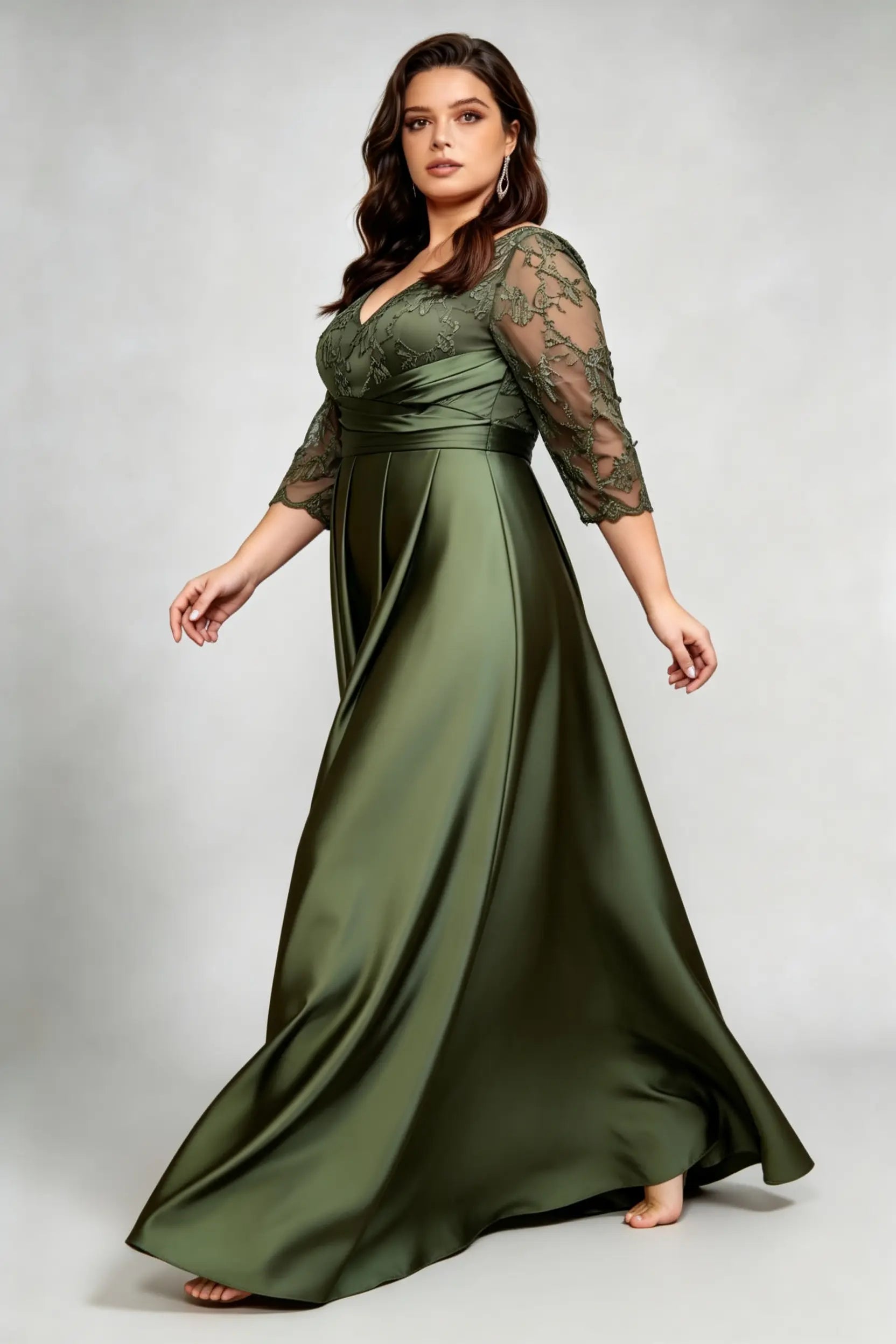 Plus Size Elegant Olive Green V-Neck Satin Evening Dress with Embroidered 3/4 Sleeves – Floor-Length Formal Gala Gown