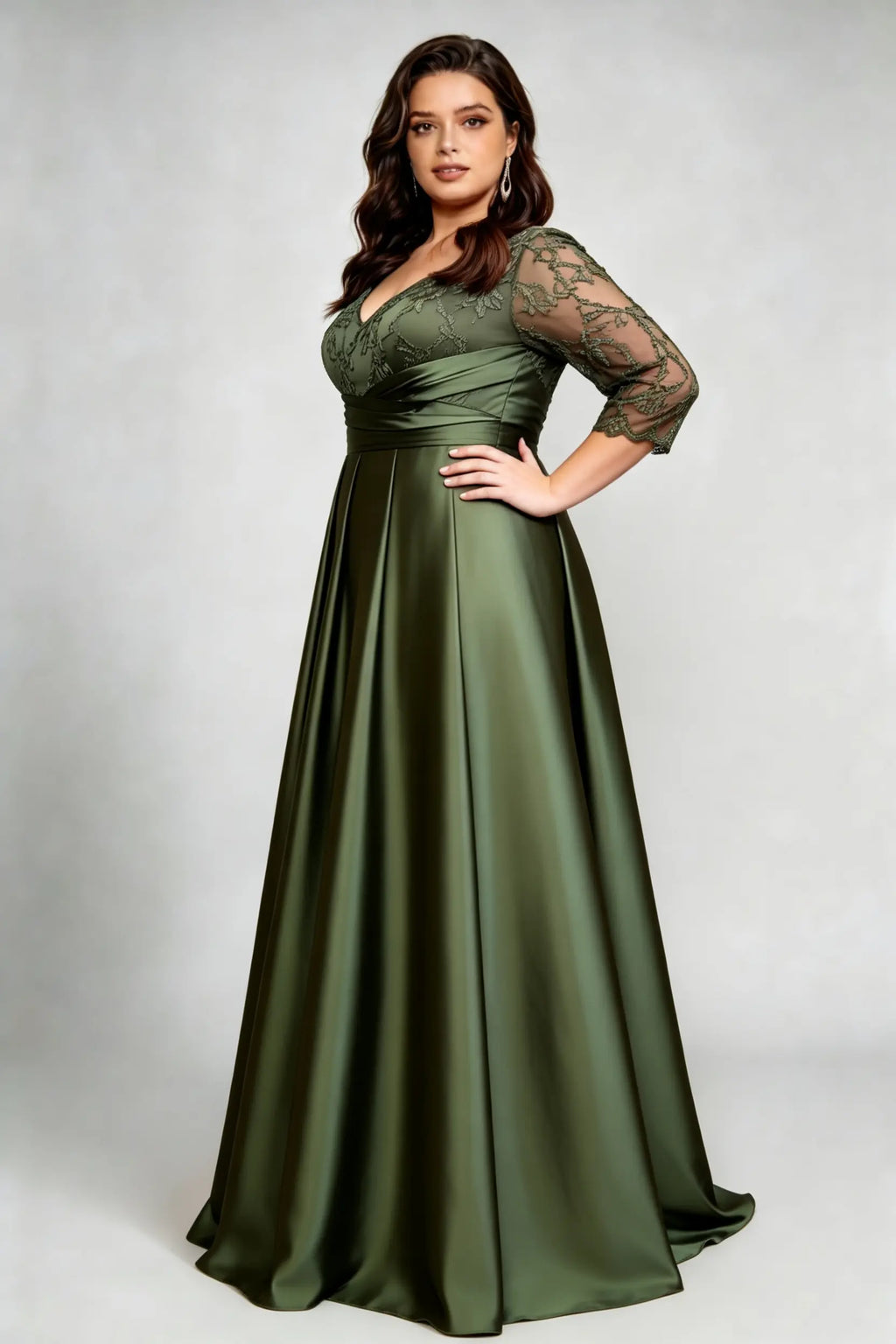 Plus Size Elegant Olive Green V-Neck Satin Evening Dress with Embroidered 3/4 Sleeves – Floor-Length Formal Gala Gown