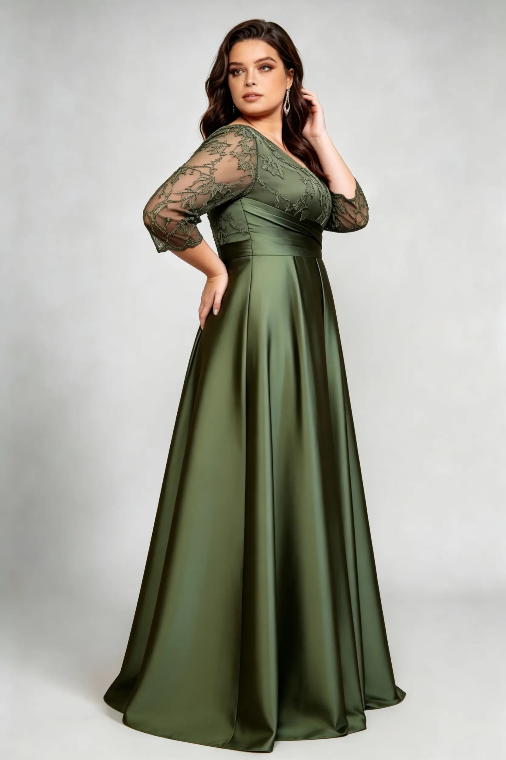 Plus Size Elegant Olive Green V-Neck Satin Evening Dress with Embroidered 3/4 Sleeves – Floor-Length Formal Gala Gown