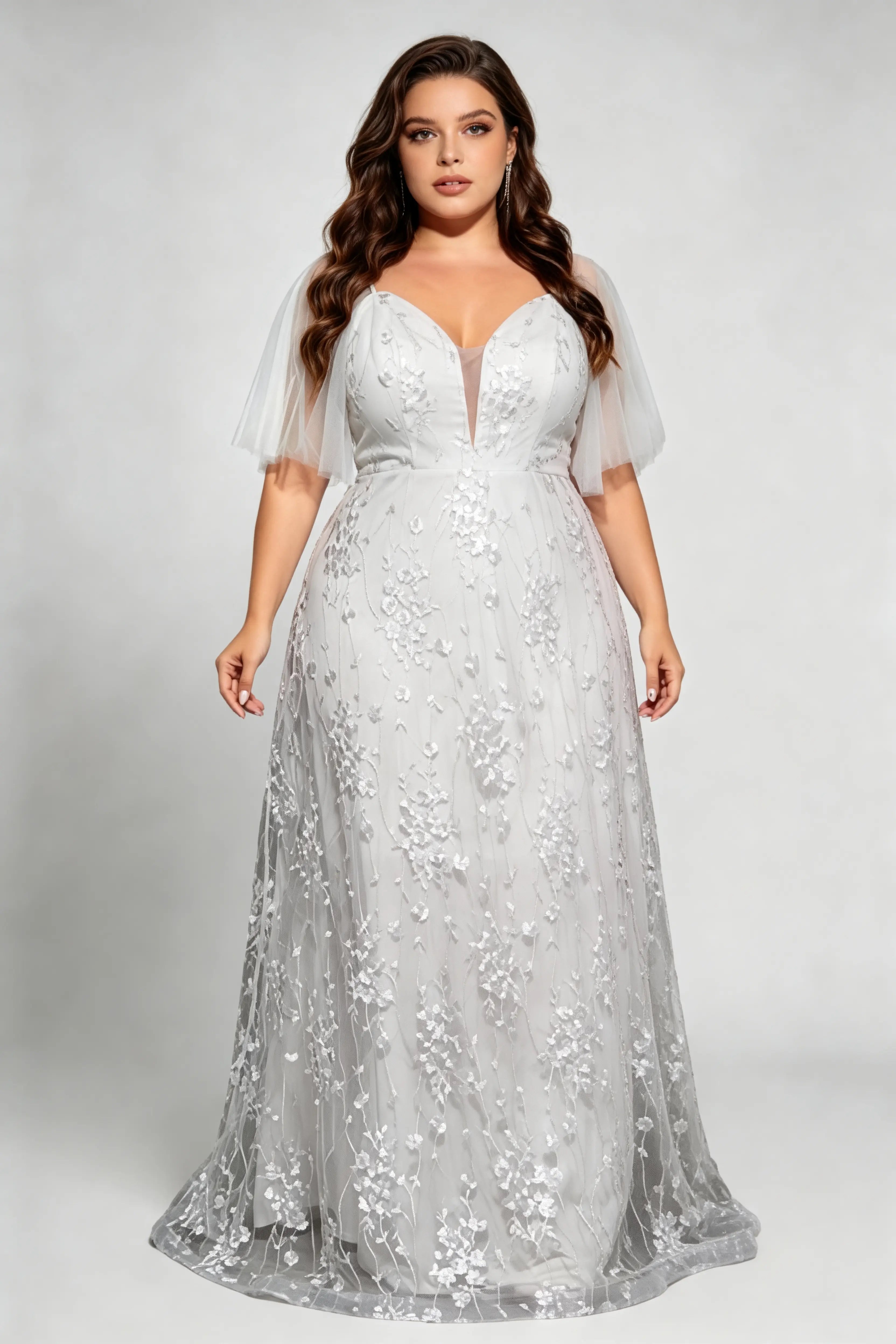 Plus Size Elegant White Floral Lace Evening Dress with Flutter Tulle Sleeves – Deep V-Neck A-Line Formal Gala & Wedding Gown