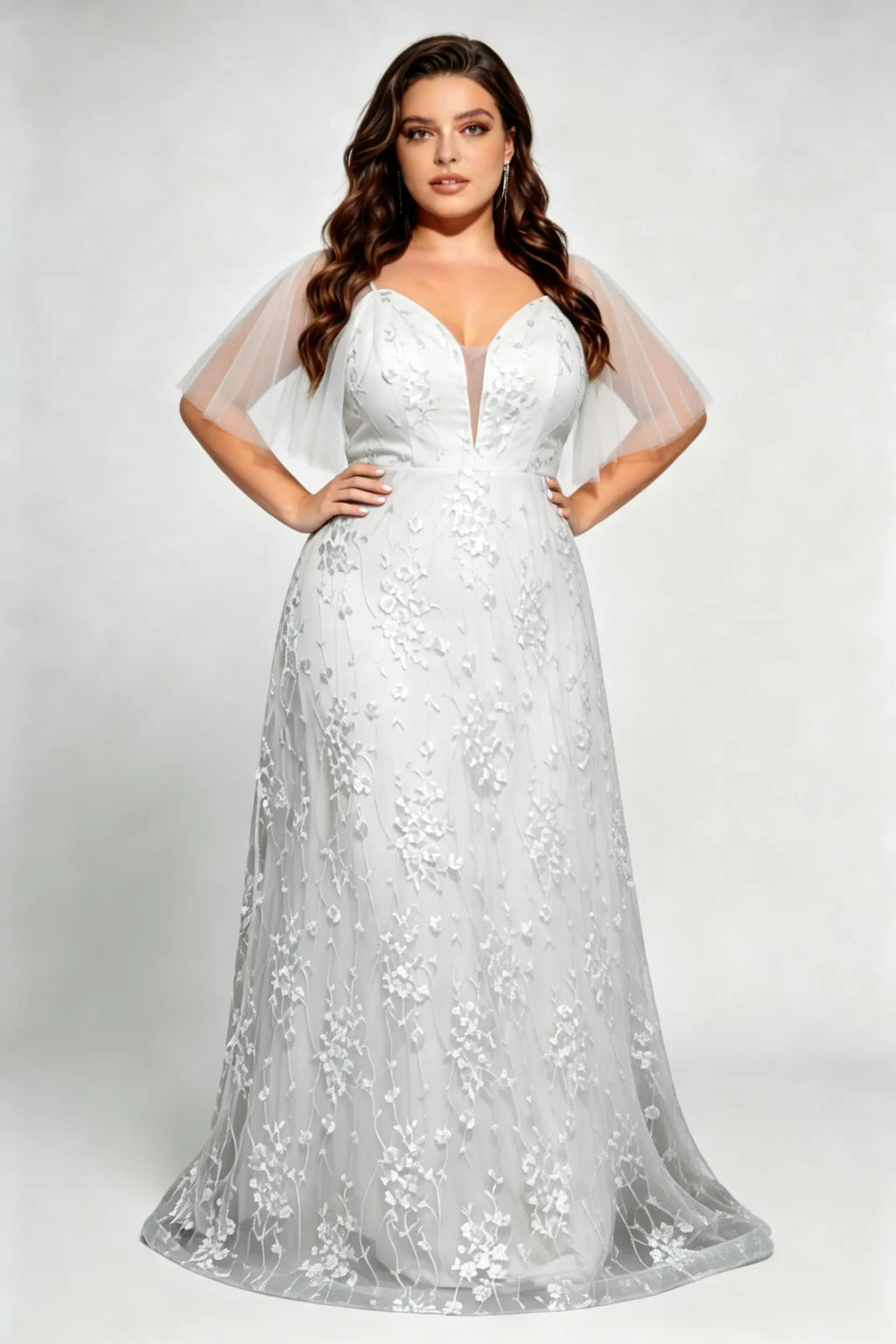 Plus Size Elegant White Floral Lace Evening Dress with Flutter Tulle Sleeves – Deep V-Neck A-Line Formal Gala & Wedding Gown