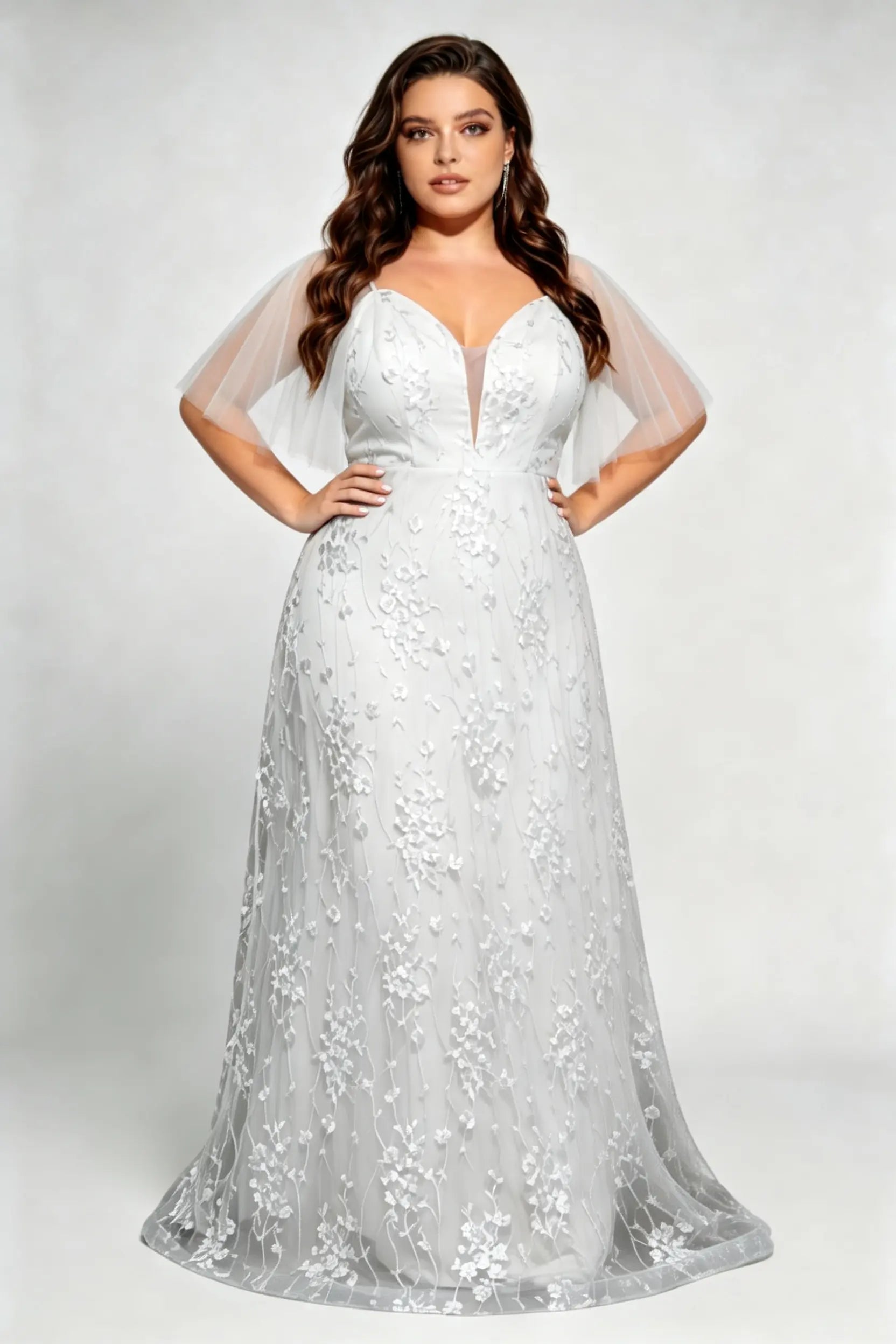 Plus Size Elegant White Floral Lace Evening Dress with Flutter Tulle Sleeves – Deep V-Neck A-Line Formal Gala & Wedding Gown