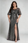 Plus Size Luxury Metallic Sequin Evening Gown with Flutter Sleeves – Shimmering Geometric Pattern High-Slit Formal Gala & Party Dress