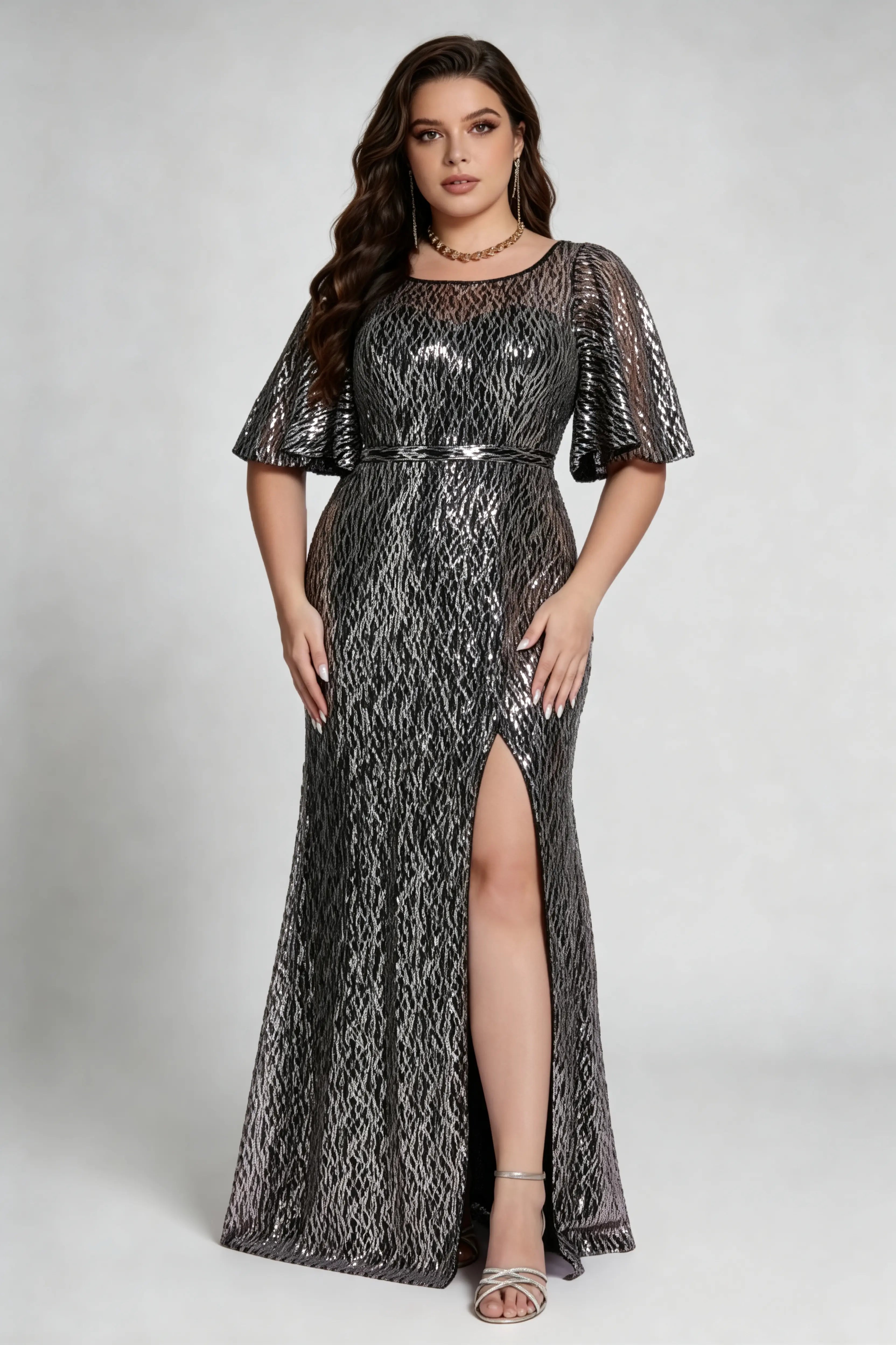 Plus Size Luxury Metallic Sequin Evening Gown with Flutter Sleeves – Shimmering Geometric Pattern High-Slit Formal Gala & Party Dress